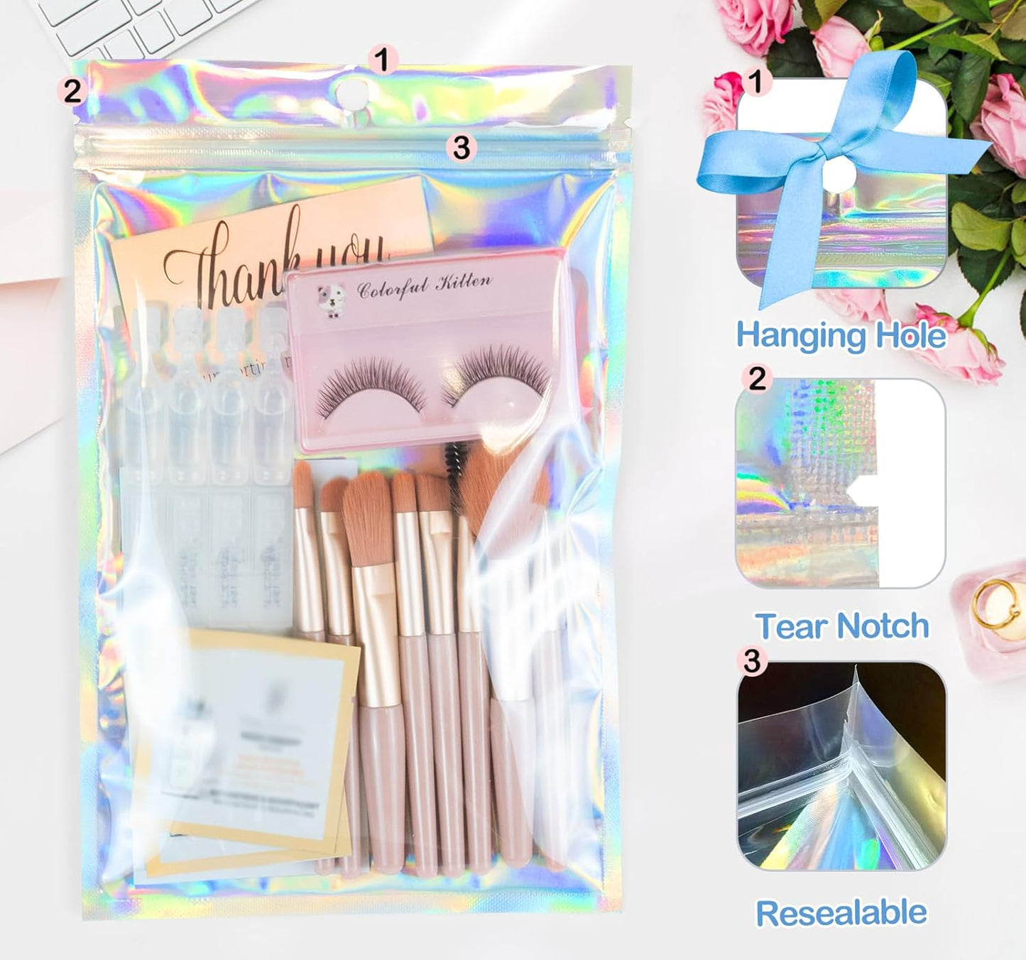 Smell Proof Bags & Resealable Foil Pouch Mylar Sample Bag Great for Party Favor Food Storage (Holographic Color) (50pcs-6x9 inch)