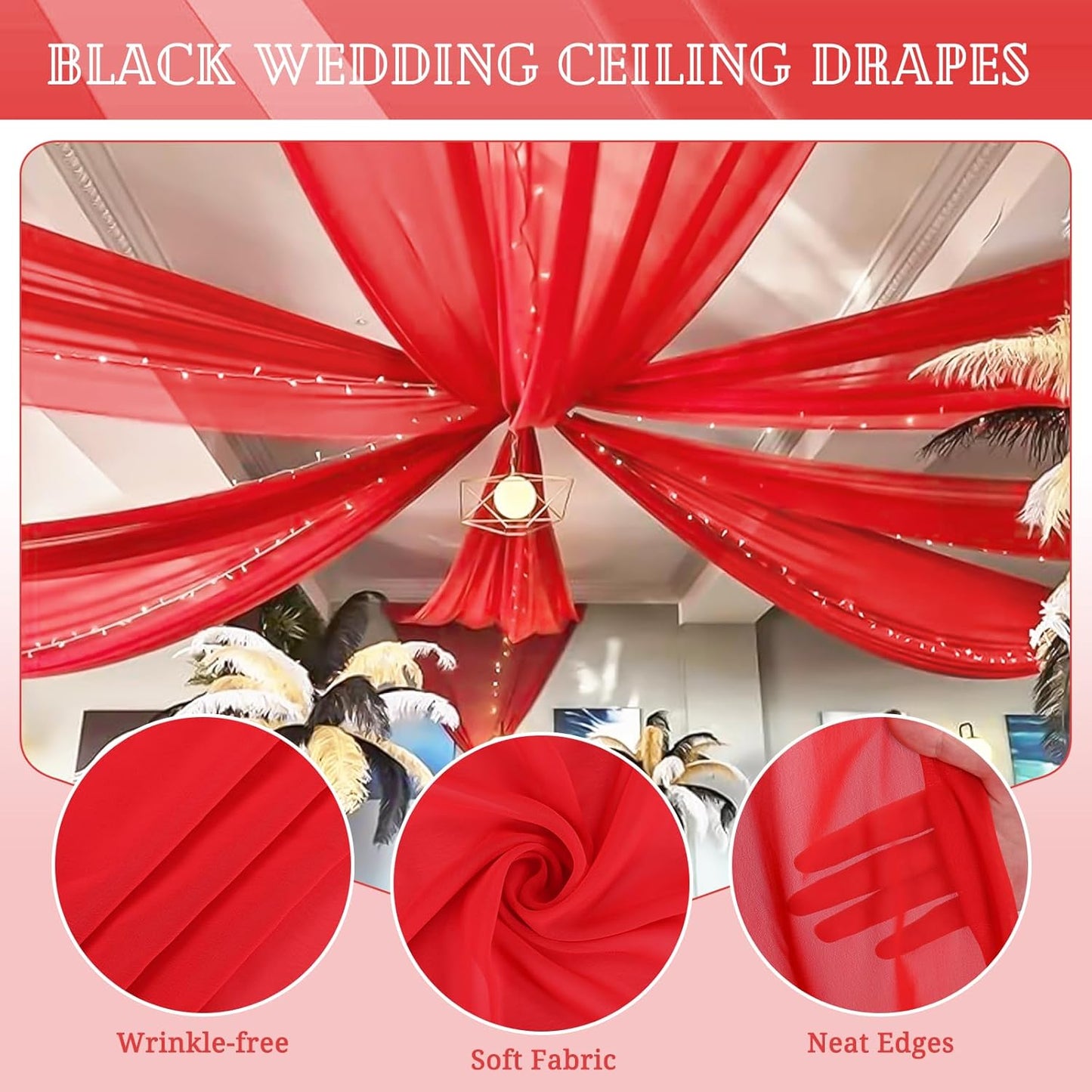 6 Panels Red Ceiling Drapes for Wedding 5ftx10ft Chiffon Fabric Arch Draping Curtains Sheer Drapery for Party Ceremony Birthday Baby Shower Reception Stage Swag Ceiling Decorations