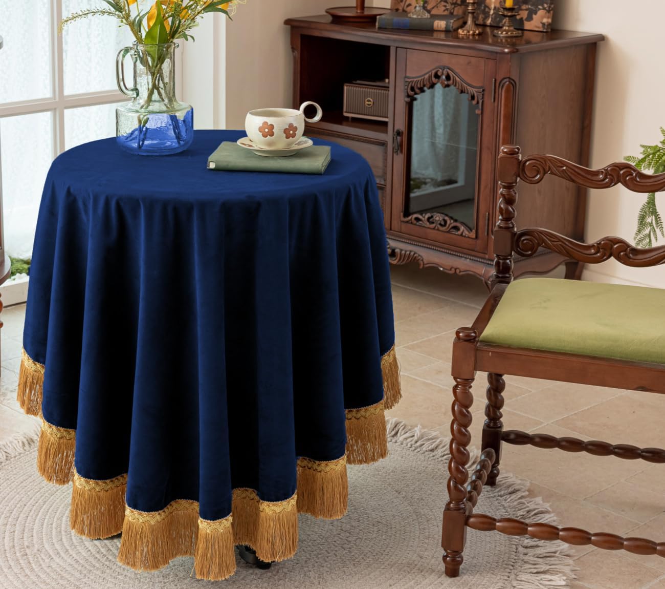 F-CHU Blue Tablecloth Thickset Velvet Tablecloth with Beautiful Gold Tassels Vintage Table Cloth for Home Decor Wedding, Party, Banquet and Events 60" Round