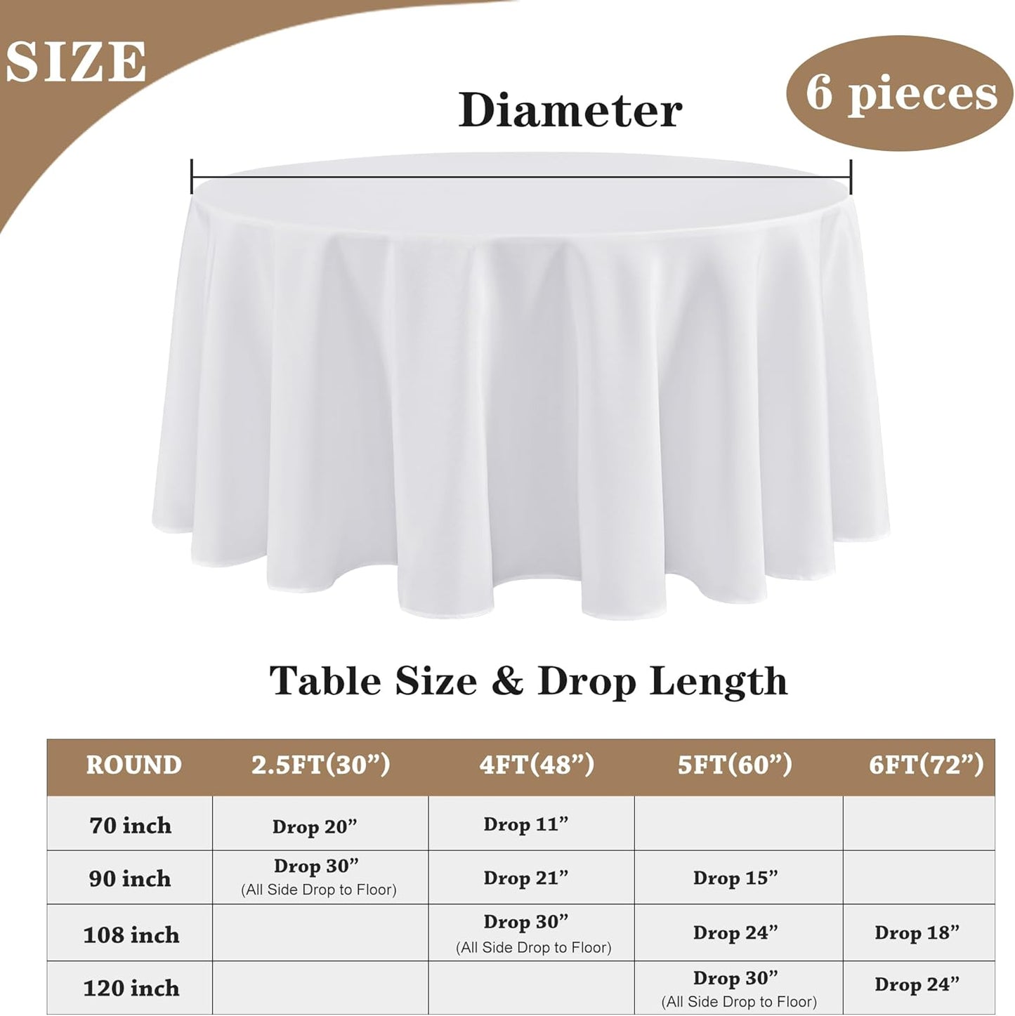 Fitable 6 Pack White Round Table Clothes - 90 Inches in Diameter - Stain Resistant and Washable Tablecloths, Polyester Fabric Table Covers for Wedding, Party, Banquet, Gathering