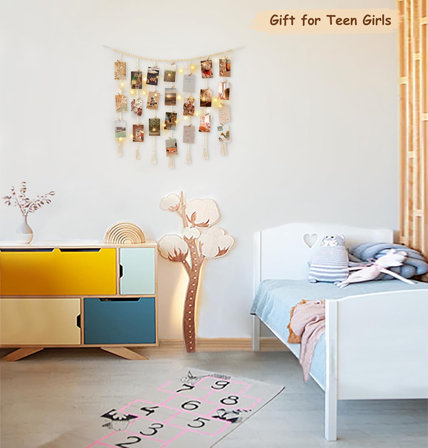 Mkono Macrame Hanging Photo Display Wall Decor with String Lights, Boho Wooden Beads Garland Collage Picture Card Frame Holder with 45 Clips for Bedroom Living Room Dorm, Teen Girls Christmas Gifts