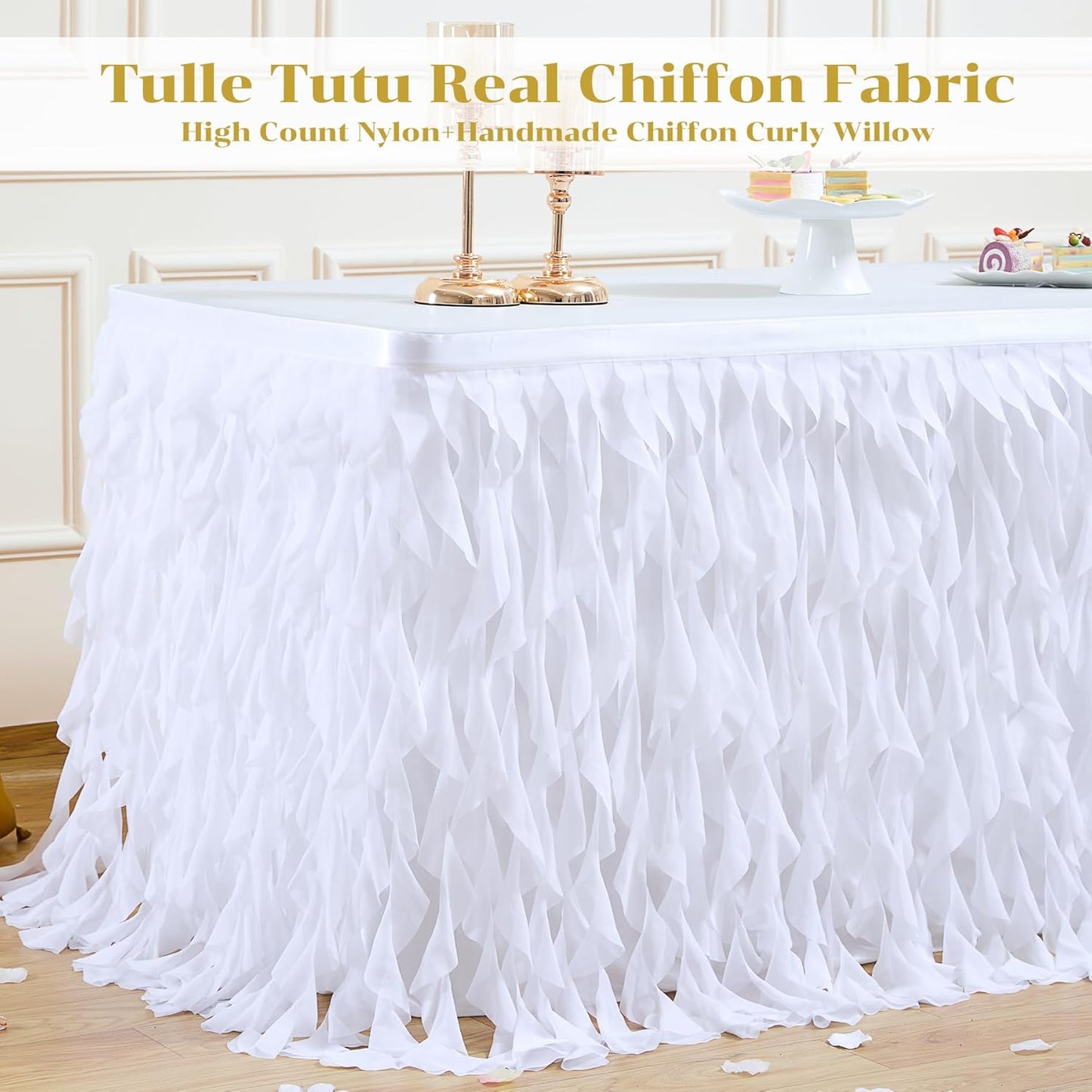 Partisky White Tulle Curly Willow Table Skirt for Rectangle Table 17ft, Ruffle Tutu Table Cloth for Wedding,Bridal Shower, Baby Shower,Birthday Party