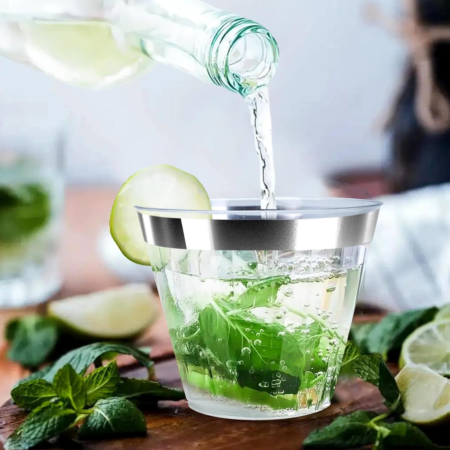 [200 Pack] 9oz Clear Plastic Cups with Silver Rimmed Sturdy & Food Safe Disposable Wine Glasses Party Wedding Disposable Drinking Cups Plastic Cocktail Glasses for Wine, Juice & Cold Beverages