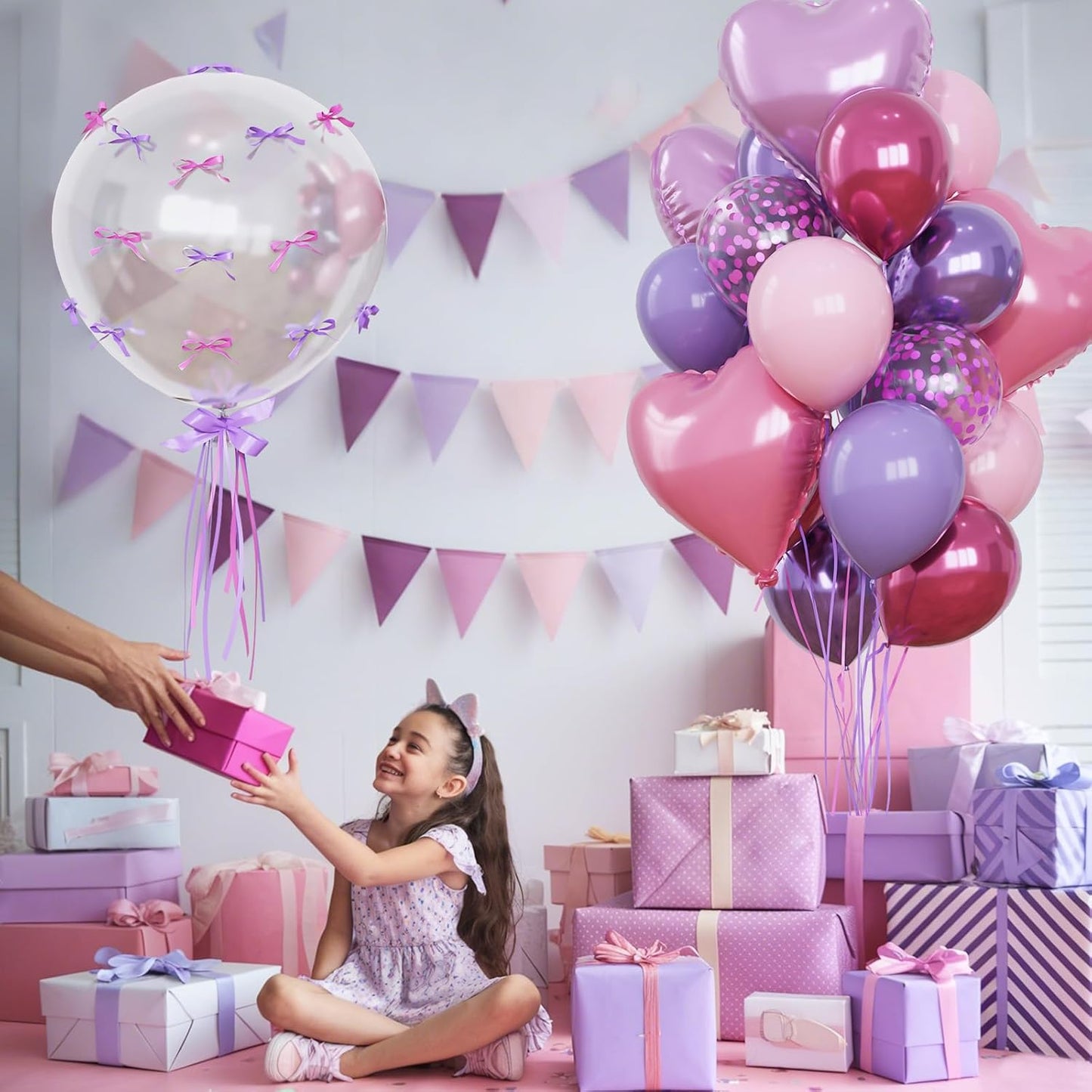 Purple and Pink Balloons Heart Balloons as Princess Birthday Party Decorations, Metallic Magenta Hot Pink Purple Confetti Balloon 18 inch Clear Heart Shape Balloon for Girls Happy Birthday Party Decor