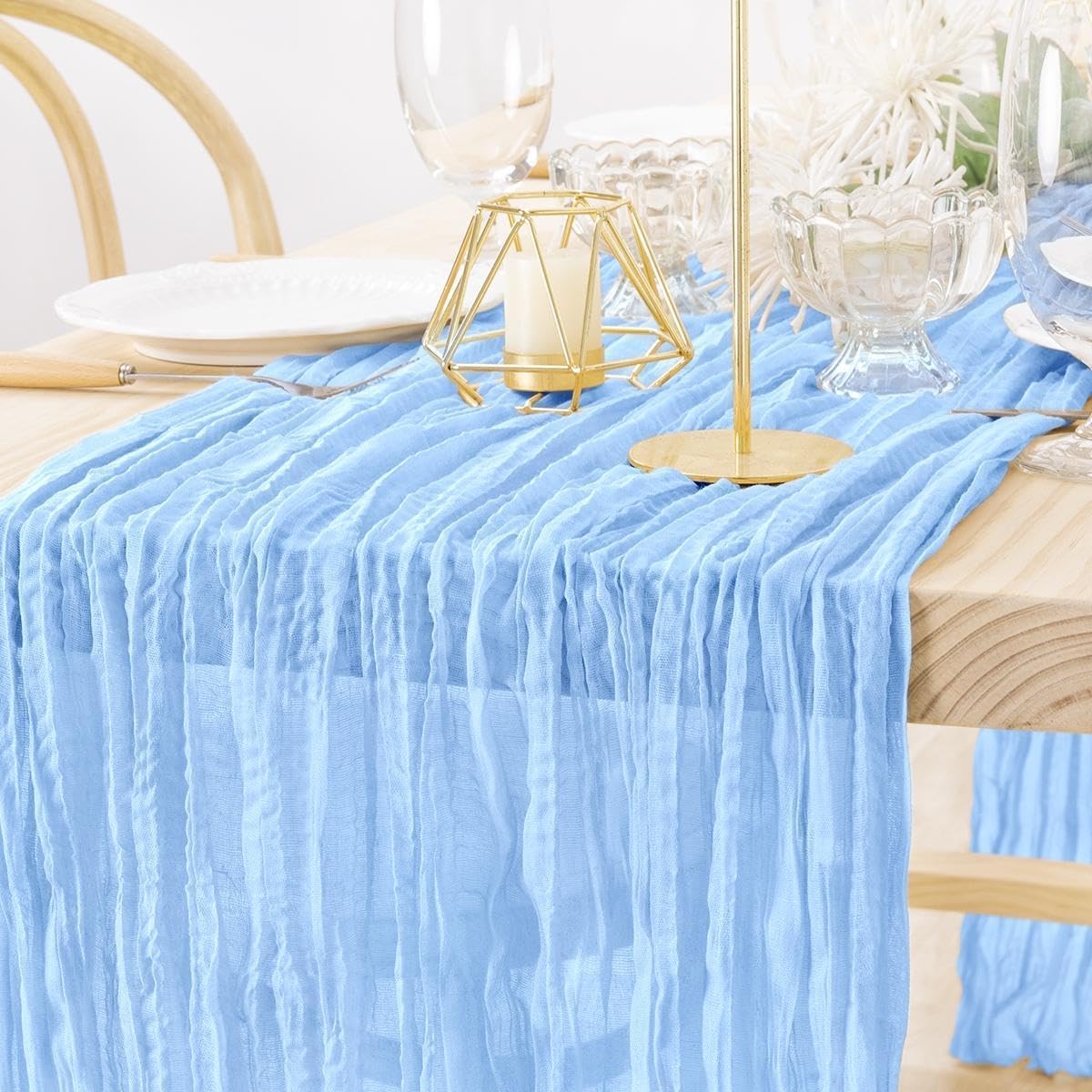 MLMW 4 Pack Light Blue Cheesecloth Table Runner Boho Gauze Rustic Cheese Cloth 160 inch Sheer Baby Blue Coastal Table Runner 13.3ft for Wedding Party Baby Bridal Shower Birthday