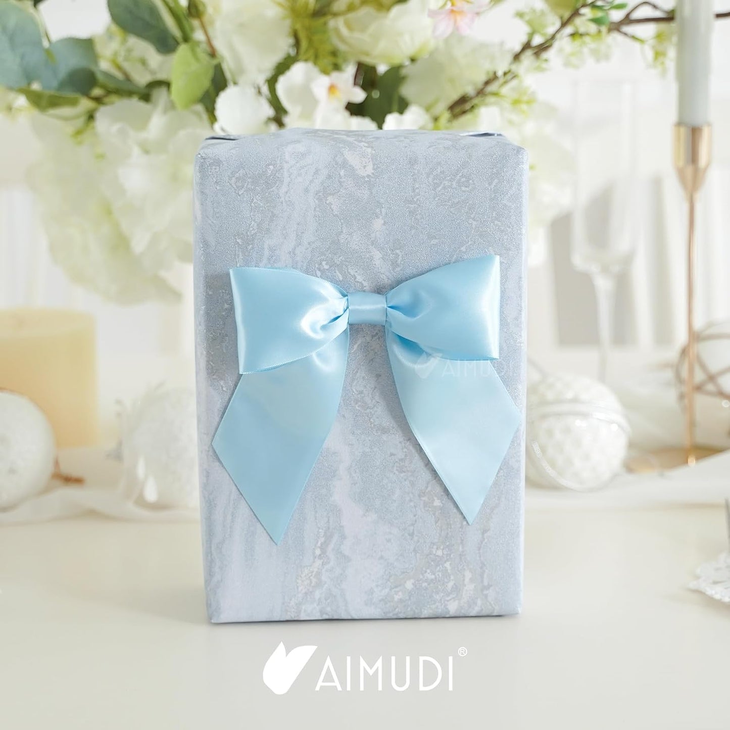 AIMUDI Baby Blue Satin Bows 5.5" Bows for Gift Wrapping Satin Twist Tie Bows Premade Ribbon Bows for Treat Bags Invitations Baskets Crafts Wedding Birthday Baby Shower Easter Decorations, 24 PCs