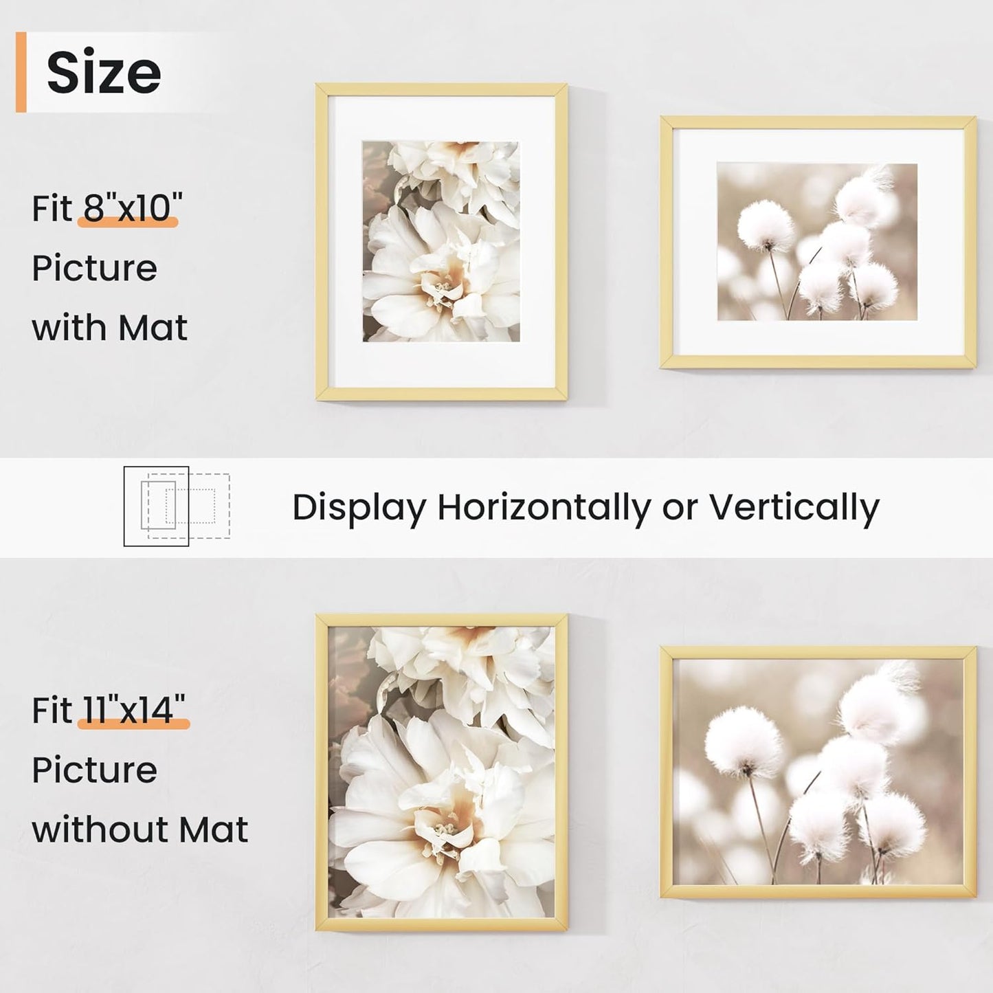11x14 inch Picture Frame, 11x14 Photo Frames with 8x10 Removable Mat - High Definition Plexiglass - Vertical and Horizontal Display - Wall Hanging Frame - Gold, 5 Pack