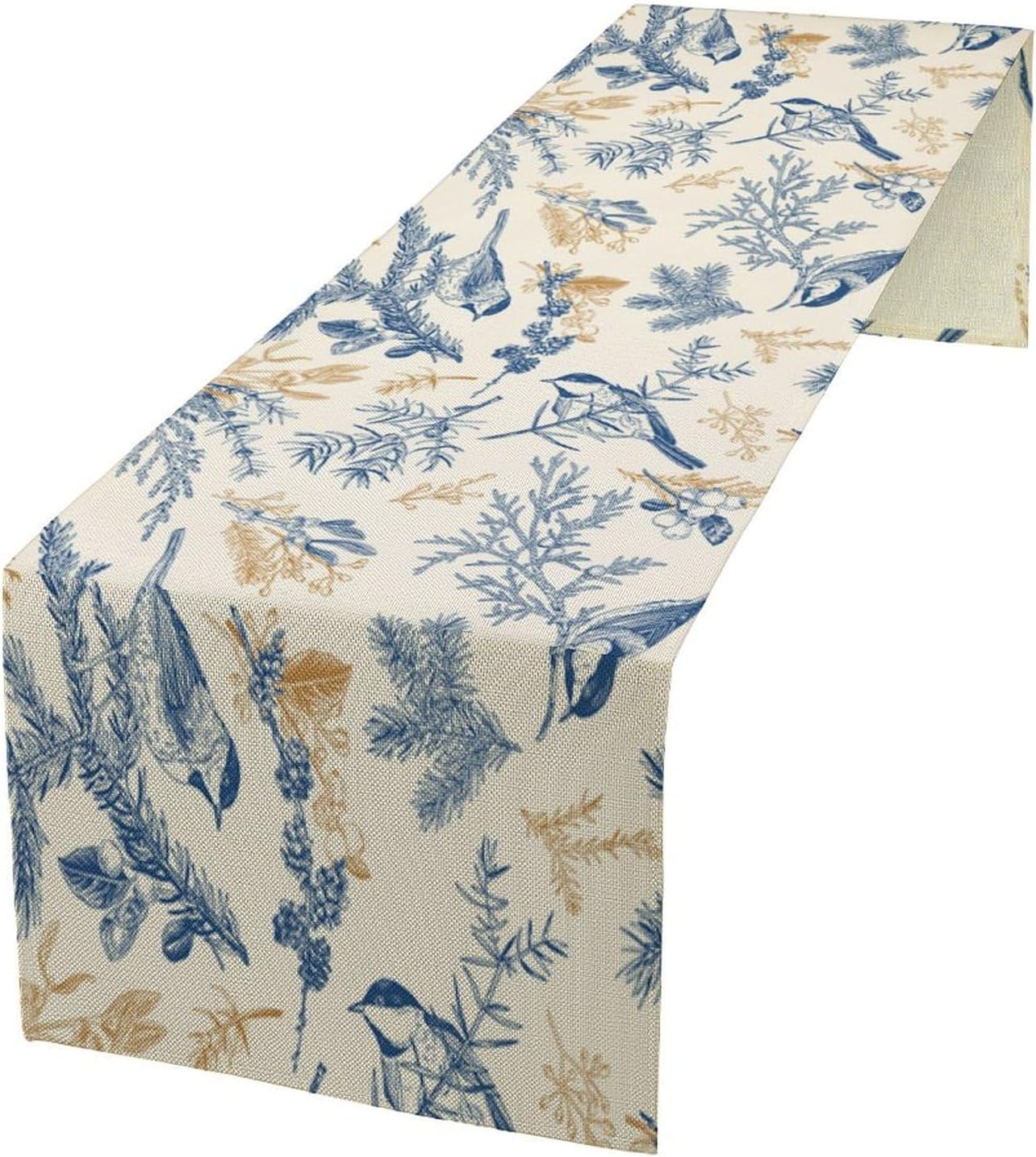 Chinoiserie Flowers Table Runner, Seasonal Spring Fall Plants Blue Florals Birds Dinner Runner for Home Kitchen Dining Table Party Holiday Decoration 13"x108"
