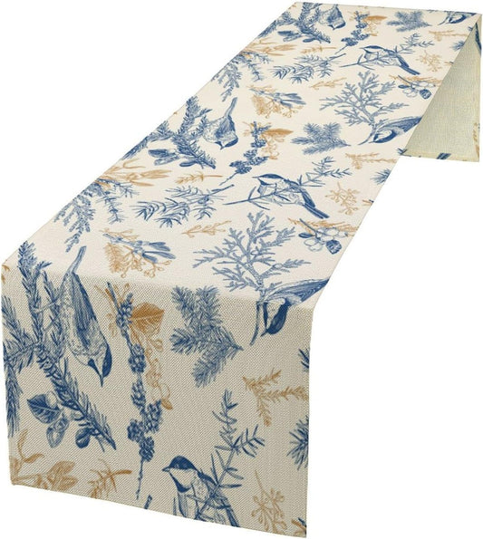 Chinoiserie Flowers Table Runner, Seasonal Spring Fall Plants Blue Florals Birds Dinner Runner for Home Kitchen Dining Table Party Holiday Decoration 13"x120"