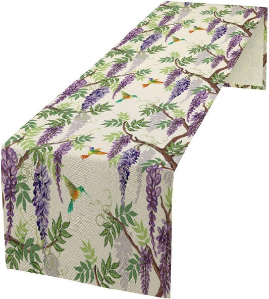 Vintage Bird Flower Table Runner Seasonal Spring Purple Wisteria Garden Plants Lavender Florals Farmhouse Country Kitchen Dinner Runner Dining Table Decoration for Home Party Holiday 13"x70"