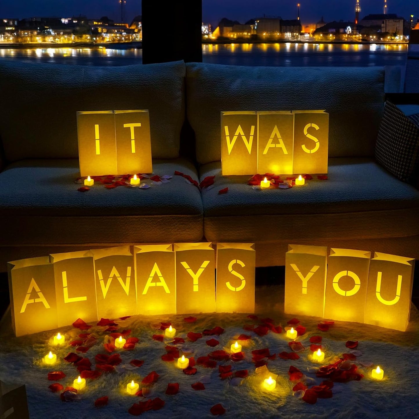Homemory It was Always You Light Up Letters with Flameless Candles and Fake Rose Petals, Valentine's Day Luminary Bags Romantic Decorations Special Night for Proposal Wedding Anniversary