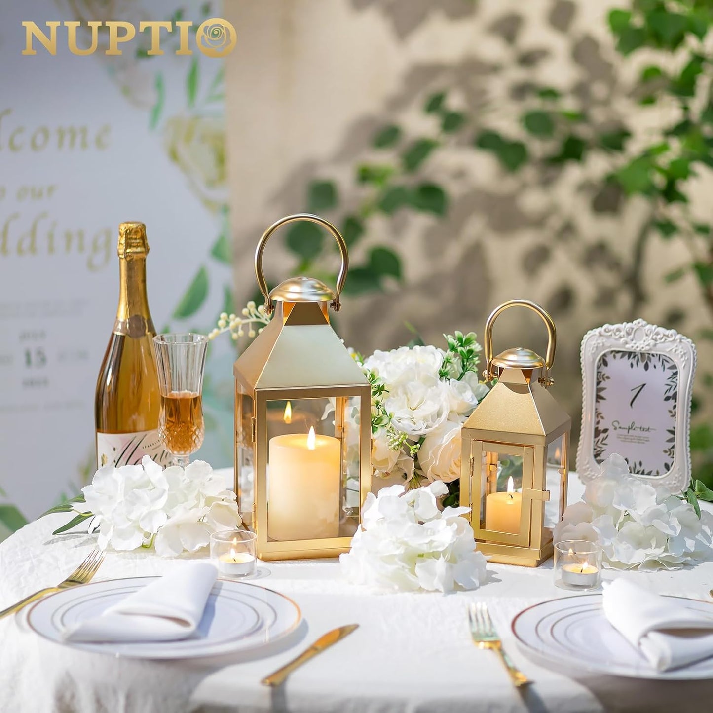 NUPTIO Gold Lanterns Decorative for Wedding: 11.2 Inch Tall Metal Lantern Decor with Glass - Outdoor Pillar Candle Holder for Table Centerpiece Dining Room Mantel Patio