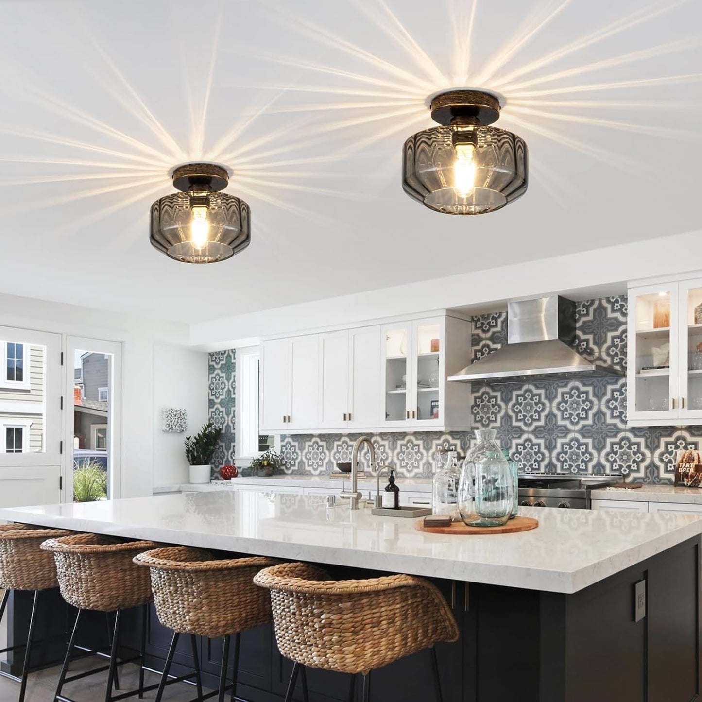 Smoked Glass Flush Mount Ceiling Light with 1200LM LED - Black Champagne Gold 8.66" Damp Rated Fixture for Bathroom Kitchen Hallway Modern Lighting