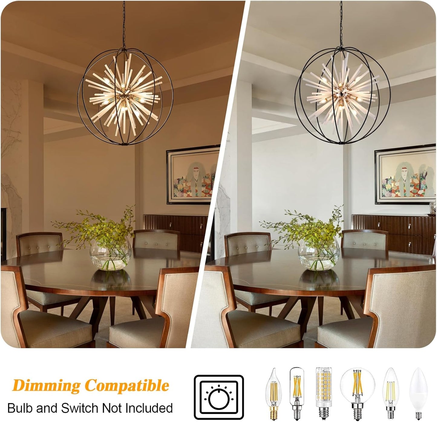 31.5" Black Gold 16-Light Globe Sputnik Chandelier Modern Industrial Adjustable Hanging Ceiling Pendant Light Fixture for Entryway Foyer Stairway Dining Living Room Hallway