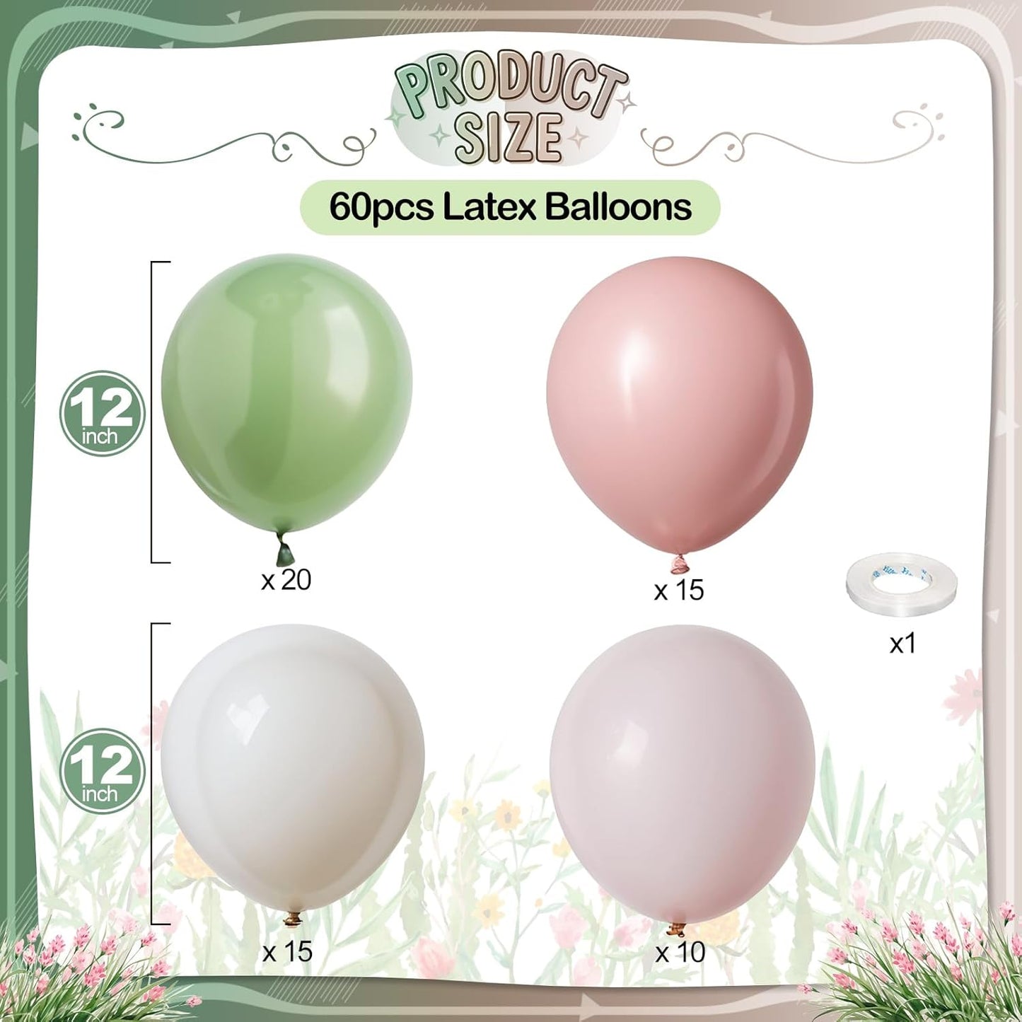 Sage Green Pink Balloons, 60 Pcs 12 Inch Retro Dusty Pink Olive Green Balloons, Blush Sand White Balloon for Girl Baby Shower Boho Wedding Bride Shower Birthday Baby in Bloom Party Decoration Supplies