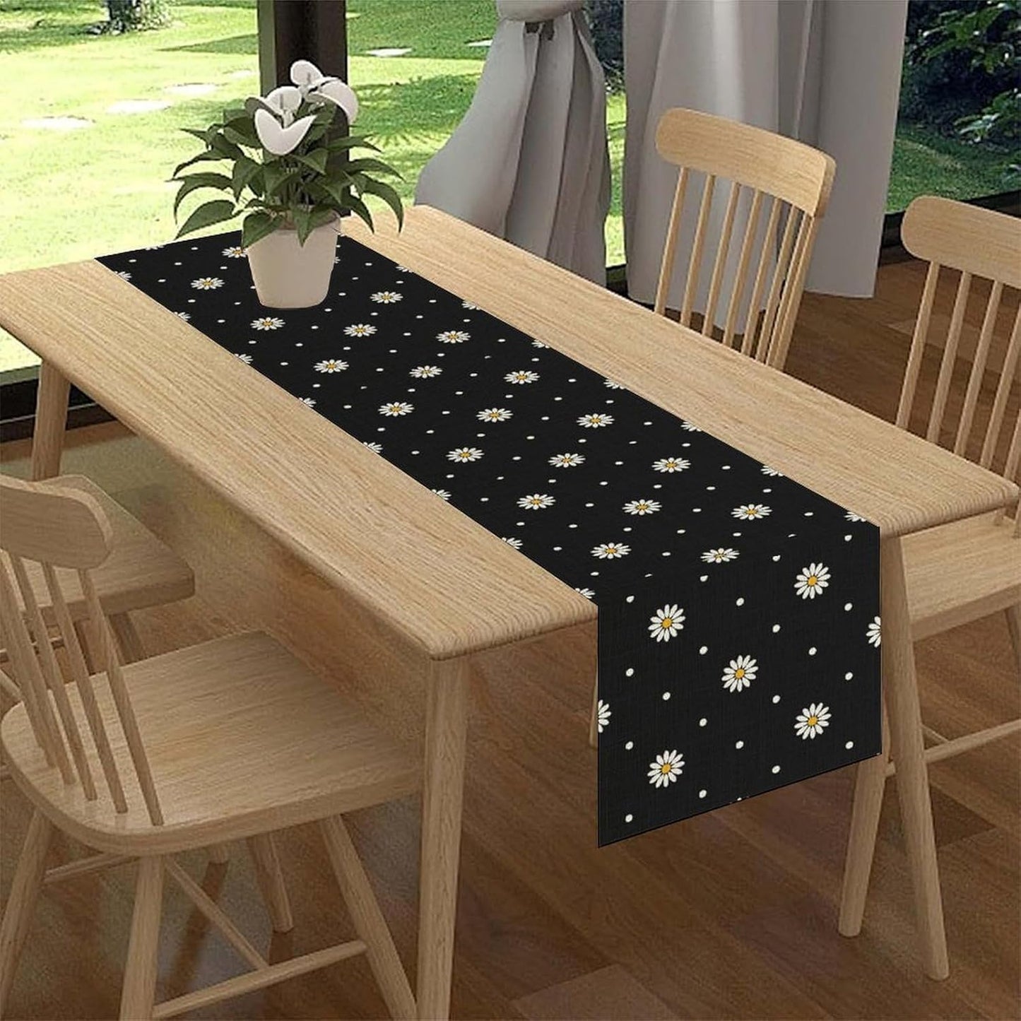 Daisy Floral Table Runner, Rustic Seasonal Spring Wild Flower Rustic Blue Wood Farmhouse Table Center Decor for Home Kitchen Dining Patio Holiday Party Indoor Outdoor Table Decorations, 13"x90" Inch