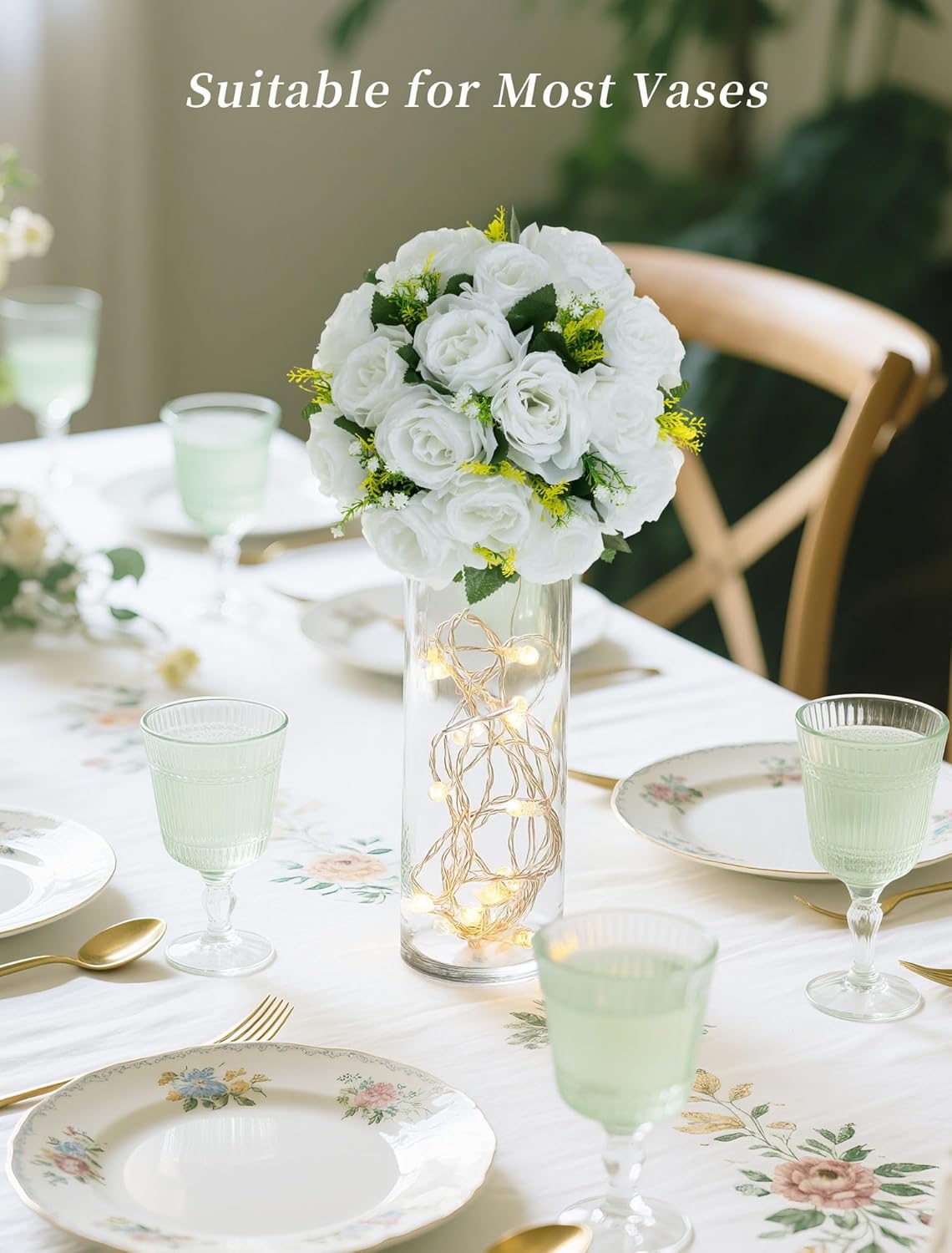 BLOSMON White Roses Artificial Flowers: 2 Pcs Fake Floral Balls Centerpiece for Wedding Table - Artificial Silk Kissing Bouquet Flower Arrangement for Home Party Event Decor