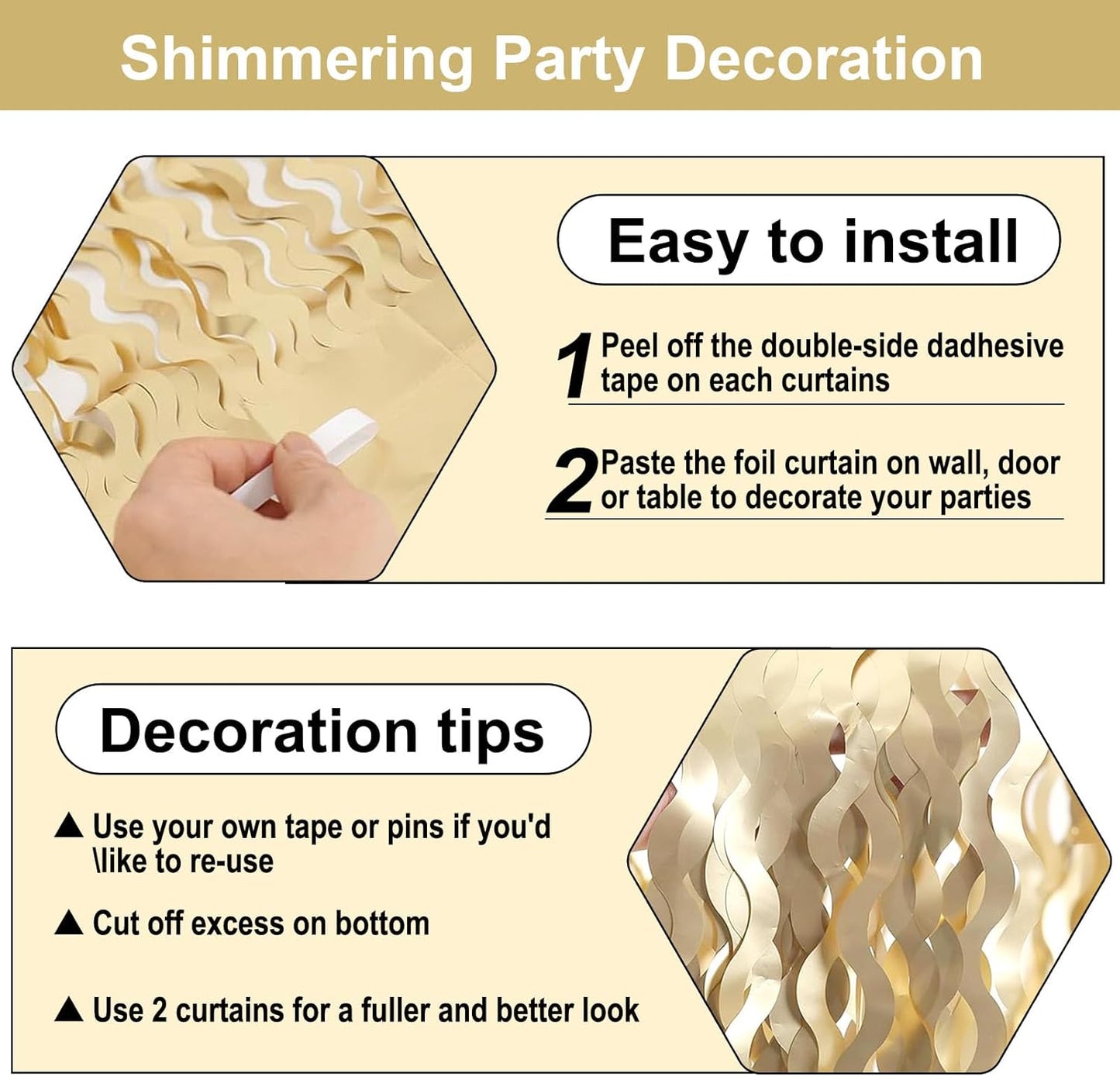 4 Pack Champagne Gold Wave Foil Fringe Curtain Backdrop, 3.28Ft x 8.2Ft Metallic Tinsel Foil Fringe Streamer Curtains for Photo Booth, Mother's Day, Easter, Birthday, Wedding Party Decoration