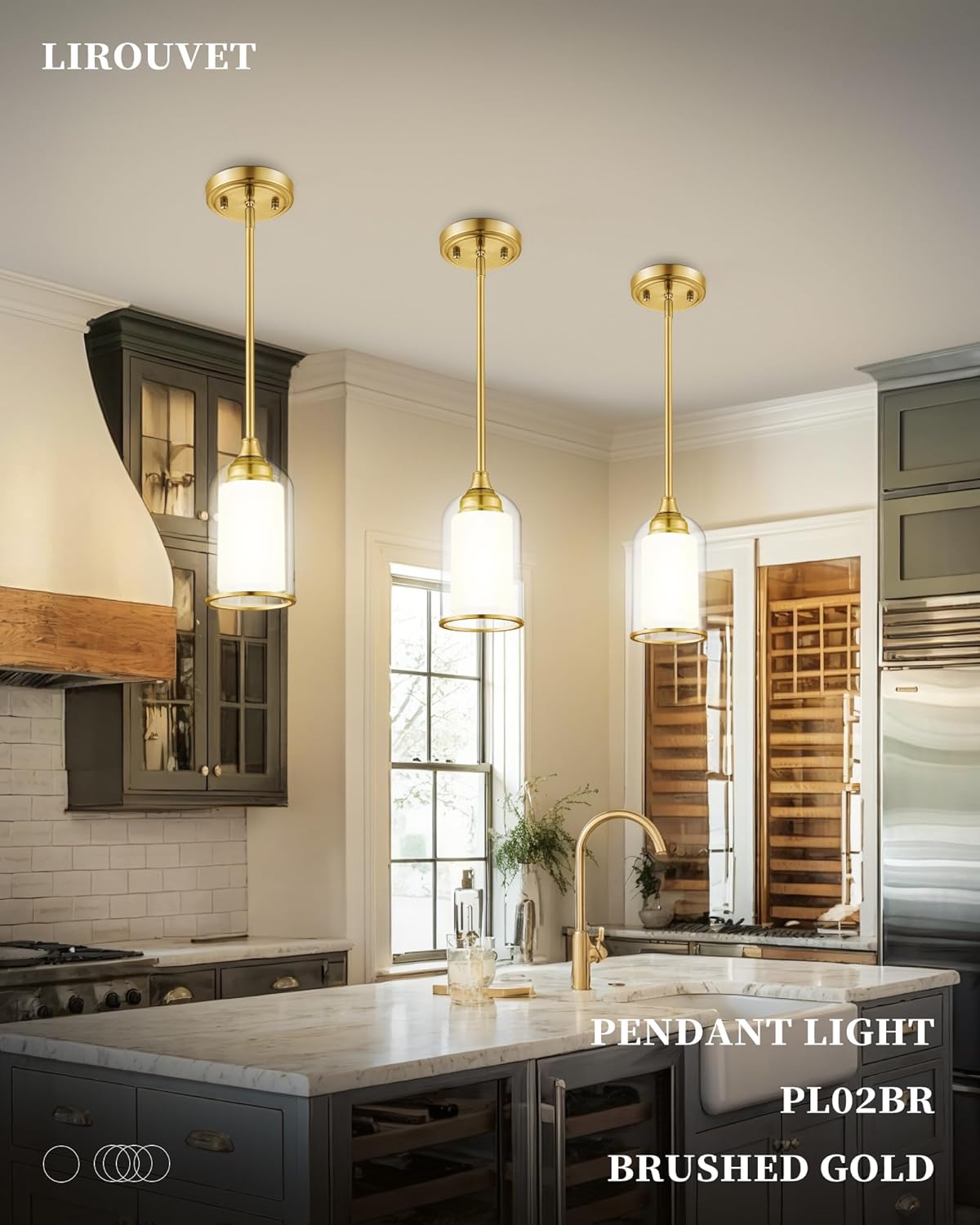 LIROUVET 2 Pack Pendant Lights, Vintage Dual Glass Hanging Lamp, Brushed Gold Pendant Lights Kitchen Island with Clear and Milk Glass, Pendant Lighting for Dining Room PL02BR-2PK