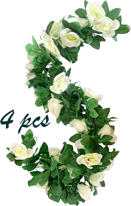 4 Pack Artificial Rose Vine Garland Fake Roses Flowers Plants Vines Hanging Floral Leaves Decoration for Wedding Party Table Garden Arch Wall Home Room Decor(White)