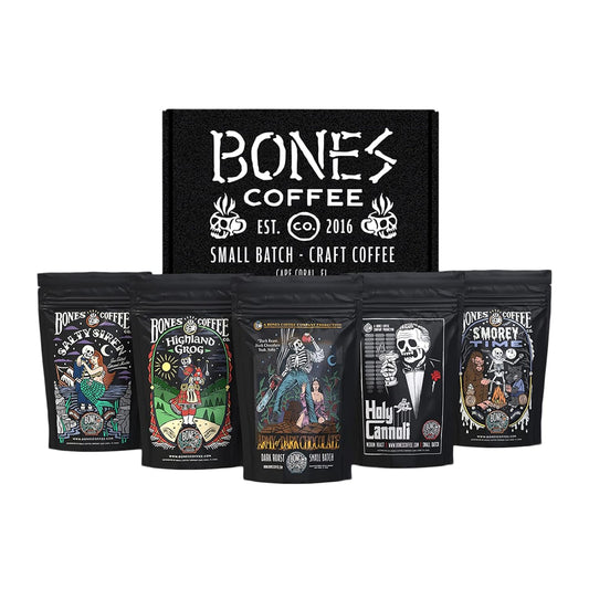 Bones Coffee Company NEW Favorite Flavors Sample Pack, Assorted Flavored Coffee Low Acid Medium Roast Arabica Beans Specialty Coffee Gifts, Auto Drip and French Press Compatible, 4 oz Pack of 5 Ground
