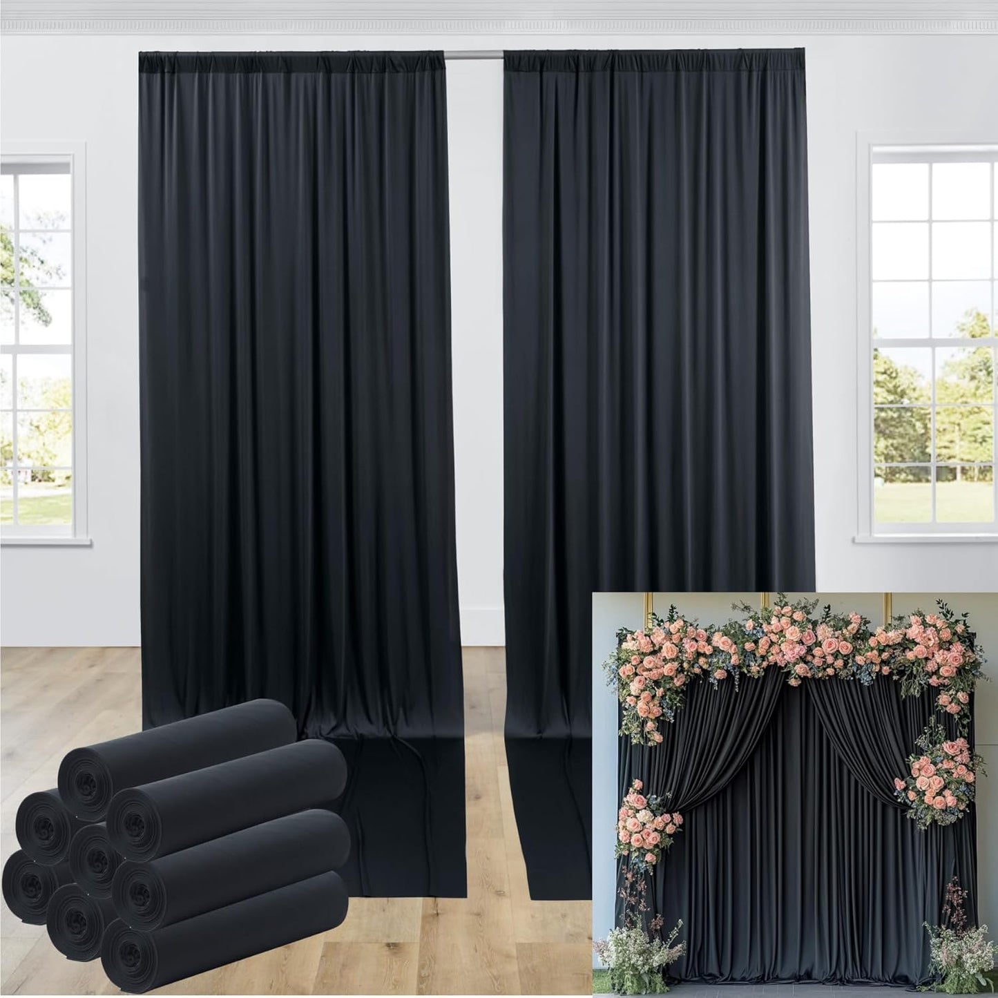 40ftx12ft Wrinkle Free Black Backdrop Curtain, 8 Panels 12FT Height Black Wedding Backdrop Drapes, Silky Polyester Back Drop Cloth for Birthday Photography Background Party Backdrop Draping