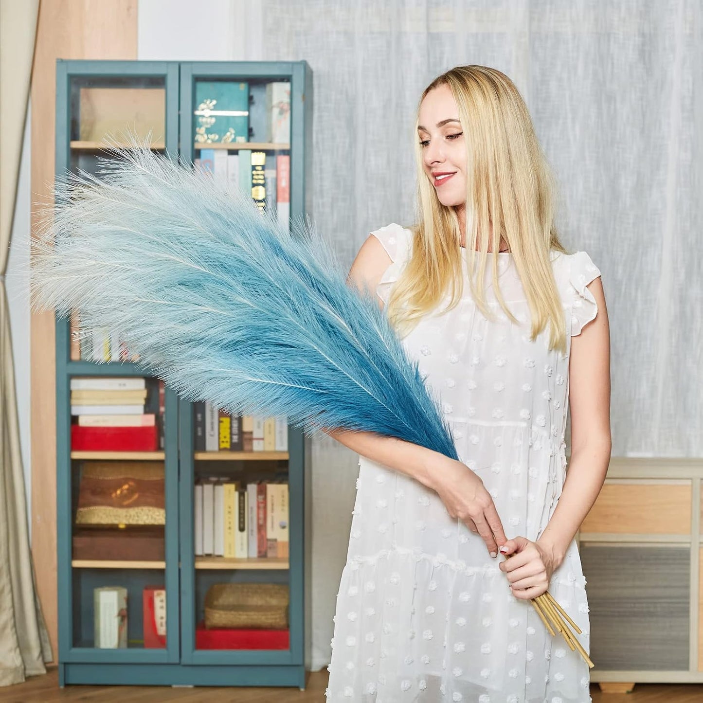 Faux Pampas Grass Decor, 6 Stems Artificial Pampas Grass - 43 inch Tall Pompass Grass Large Pompous Boho Flower Arrangement Home Decor for Room Wedding Party