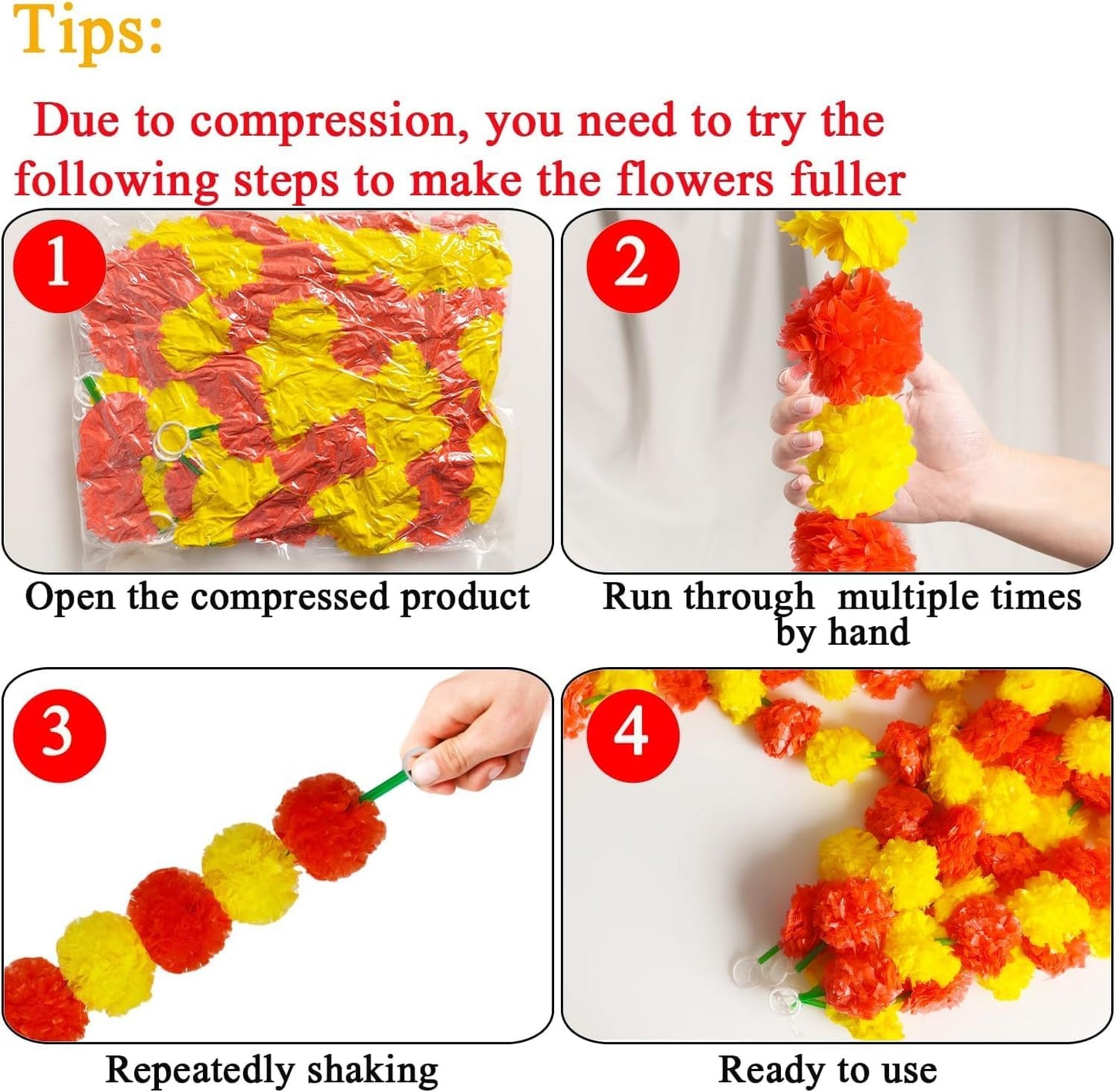 5 Pcs Diwali Artificial Marigold Garland with Pearls Decor, 4.5 Feet Artificial Marigold Flowers for Indian Pooja Diwali Home Mantle Decor Long Strands for All Year Decoration (Yellow＆Orange&Red)