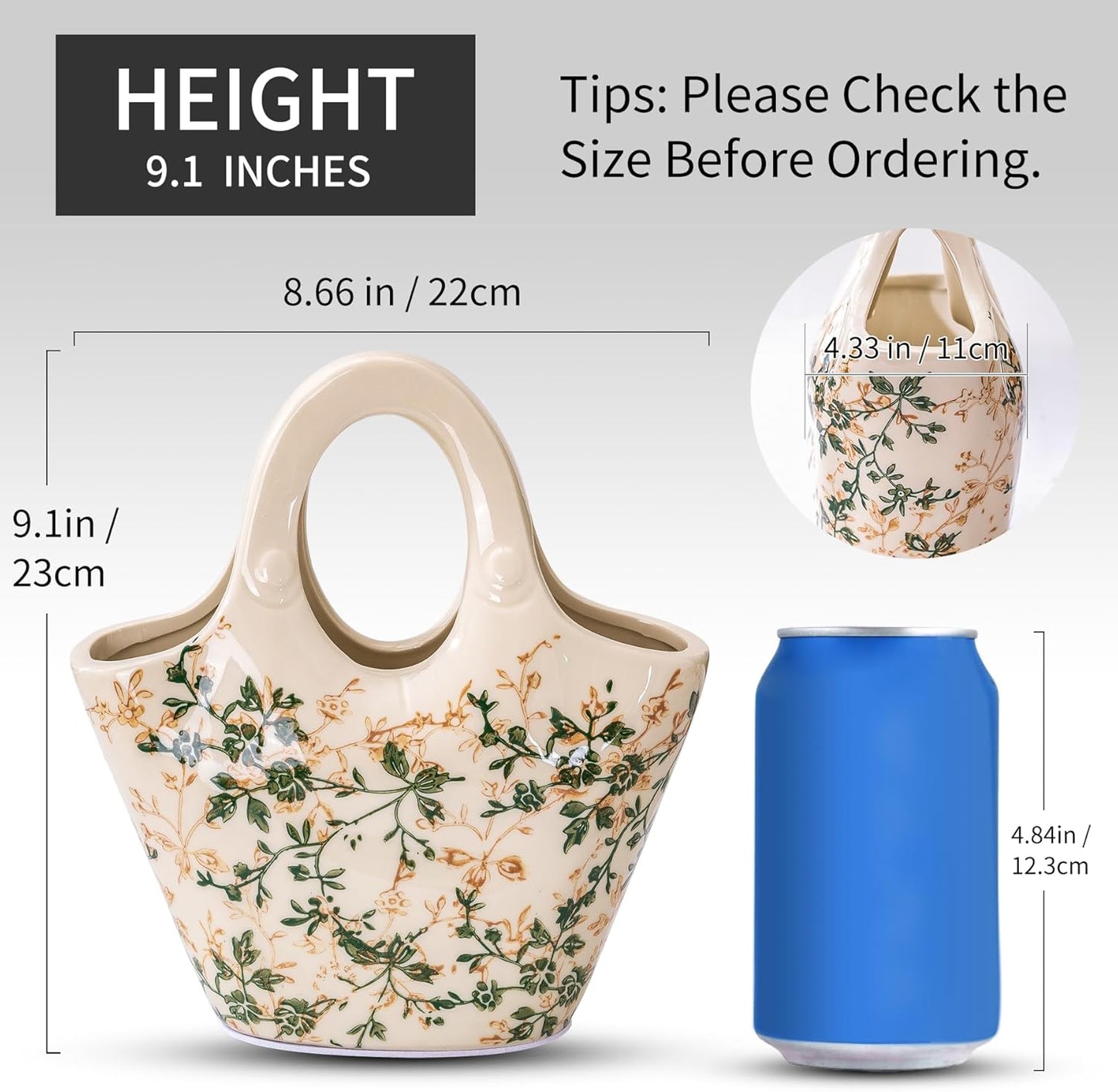 Ceramic Purse Vase for Flowers, Cute Handbag Vases, Vintage Green and Beige Floral Vase, Rustic Farmhouse Vases for Living Room, Kitchen, Bedroom, Table Centerpiece, Chinoiserie and Tuscan Decor 9 in