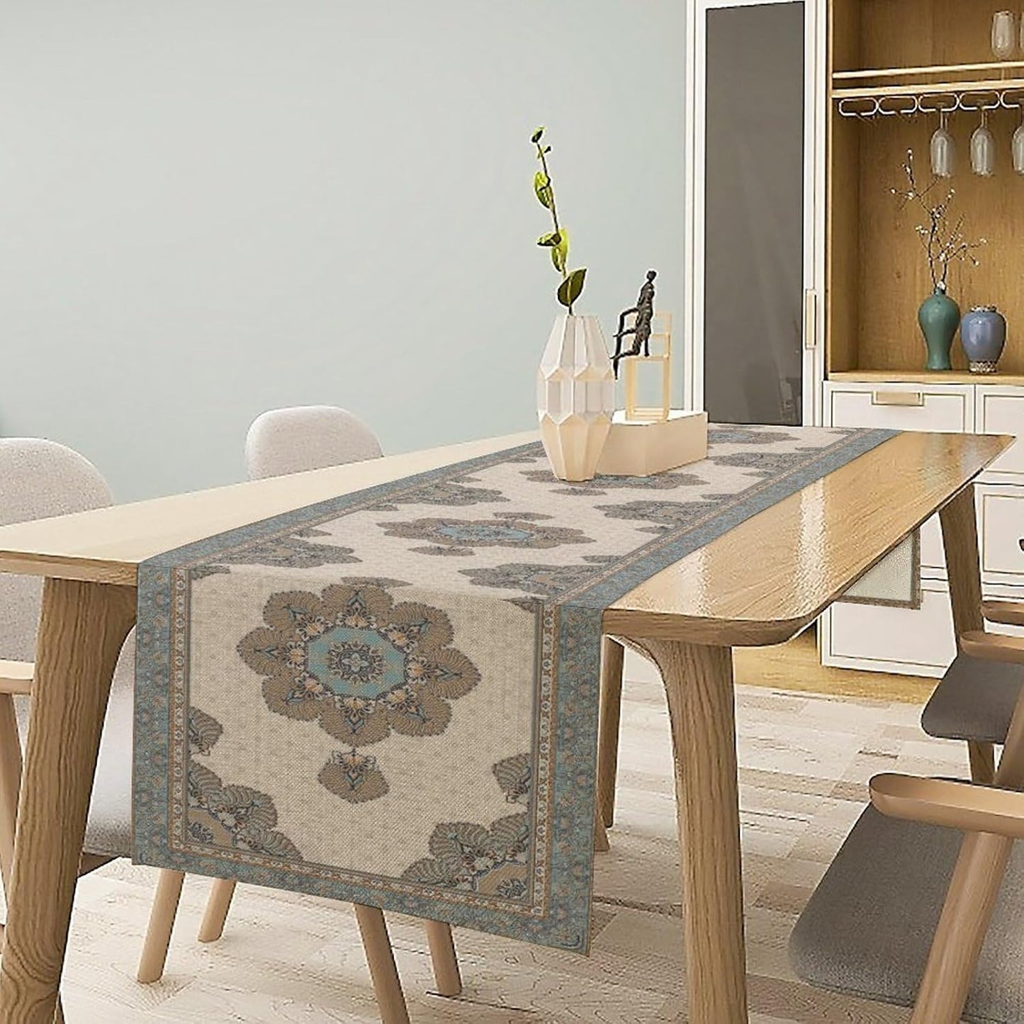 Boho Bohemia Style Table Runner, Vintage Teal Brown Retro Flower Rustic Country Style Floral Print Pattern for Home Kitchen Table Decor Dining Coffee Room Garden Party Decor 13x72in