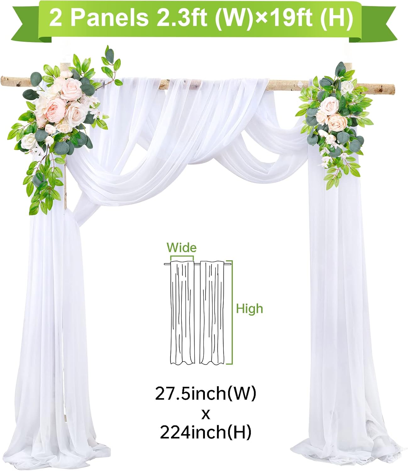 Wedding Arch Draping Fabric White Arch Drapes Sheer Backdrop Curtain for Ceremony Wedding Arches Decor 2 Panel 19Ft Length x 28" Width