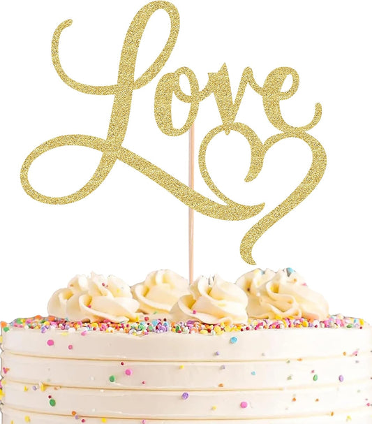 Love Cake Topper - Gold Glitter Paper Wedding Cake Decoration Supplies, Perfect for Bridal Shower/Engagement/Anniversary/Birthday Party