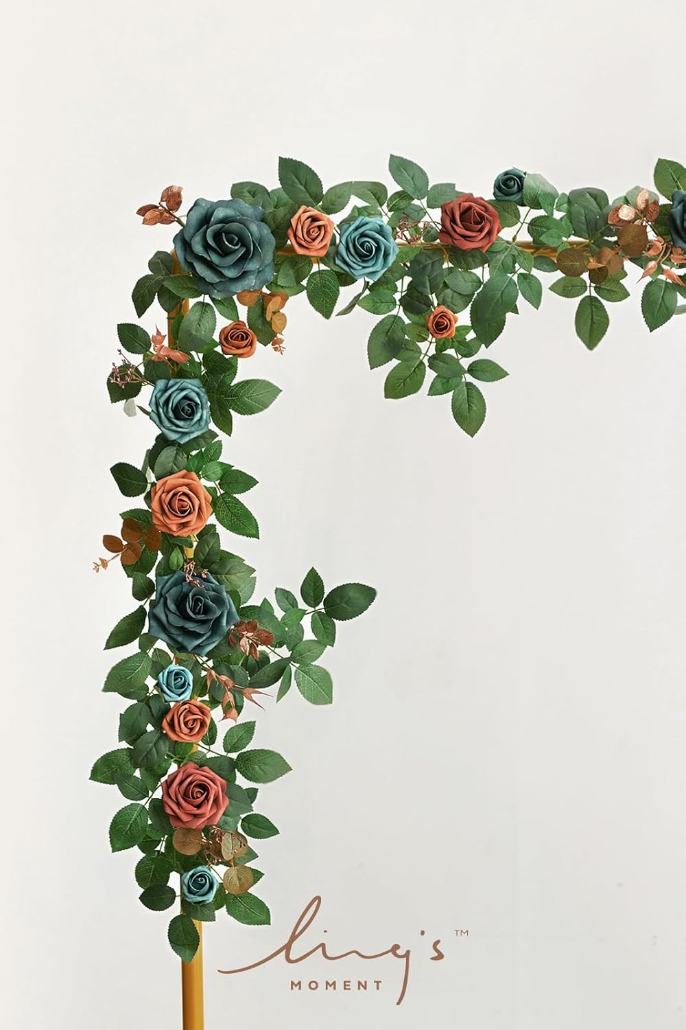 Ling's Moment 5FT Teal Blue Artificial Flower Garland Burnt Orange Rose Eucalyptus Leaves Floral Garland Arch Flowers Vine for Wedding Party Backdrop Decor Home Table Centerpieces Window Decorations