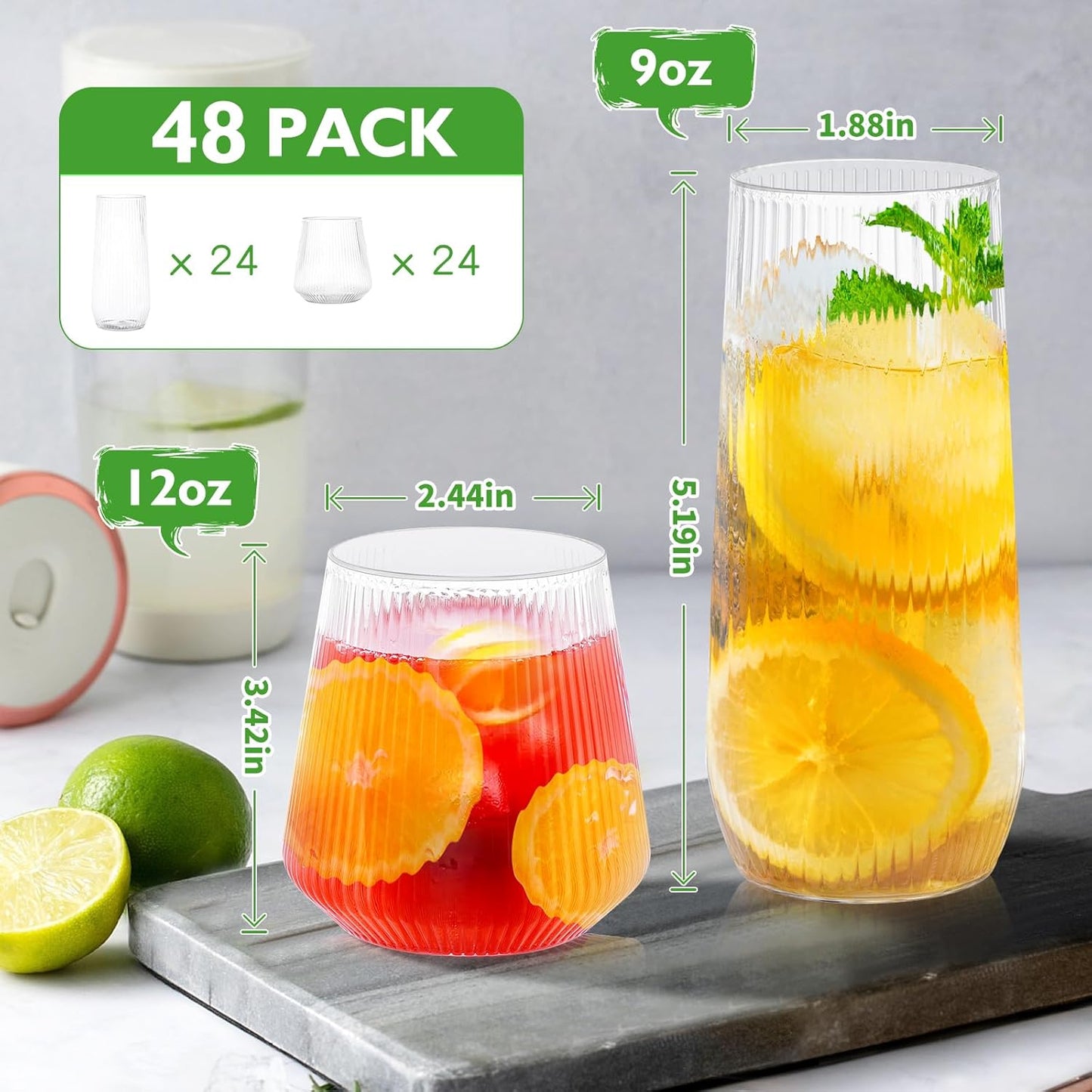 mwellewm 48 Pcs Plastic Wine Glasses Disposable Ribbed Cocktail Cups Set 9 OZ Stemless Champagne Flutes 12 OZ Origami Shatterproof Reusable Clear Party Cup for Wedding Home Office Bar Drinking