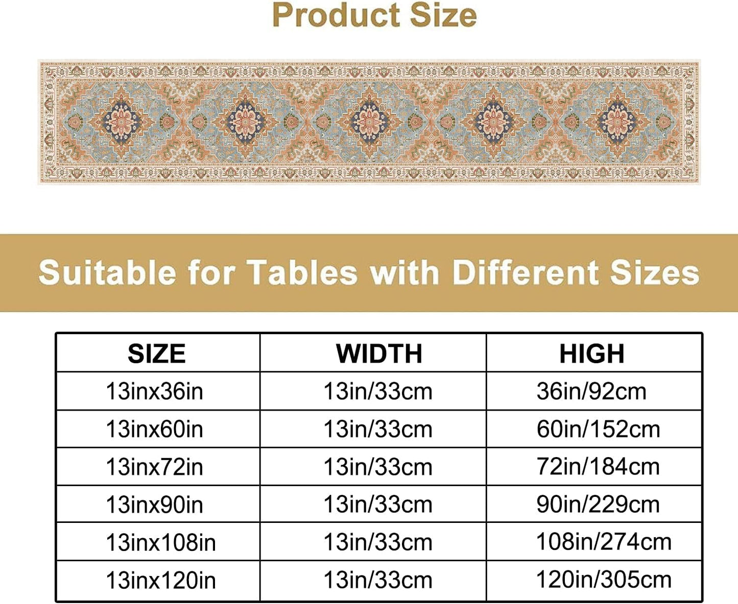 Vintage Boho Floral Table Runner, Rustic Country Farmhouse Grey Blue Orange Bohemia Flower Pattern for Home Kitchen Table Decor Dining Coffee Room Party Decor 13x60in