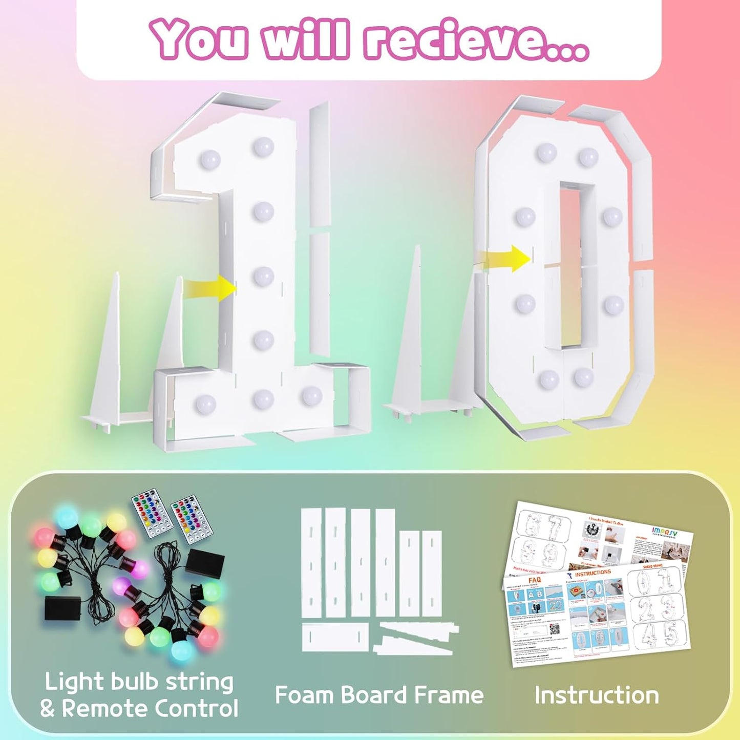 Marquee Numbers 10th-Birthday Decoration: Colorful 3FT Large Light Up 10 Year Old Birthday Decorations Anniversary Backdrop for Boys Girls Cardboard Sign 18 Colors Number 10 Mosaic Balloon Frame