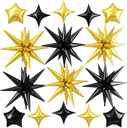 Black Gold Star Balloon,16Pcs Star Foil Balloons Set with 22Inch Explosion Spike Cone Balloons and 10Inch Quadrangle Helium Balloon for Birthday Wedding Baby Shower Party Decorations