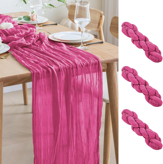 Asee'm 3pcs Cheesecloth Table Runner 120 Inches Long Deep Pink Boho Gauze Cheese Cloth Runner 10FT Rustic Sheer Table Runners for Christmas Wedding Party Baby Shower Spring Easter Decoration