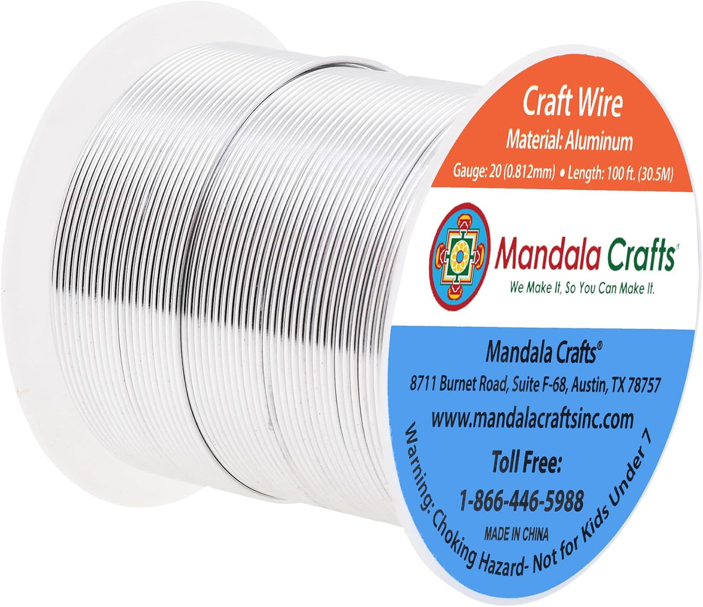 Mandala Crafts 20 Gauge Anodized Aluminum Craft Wire for Jewelry Making - 100 FT Colored Flexible Silver Tone Wire - Bendable for Bonsai Armature Crafting Sculpting