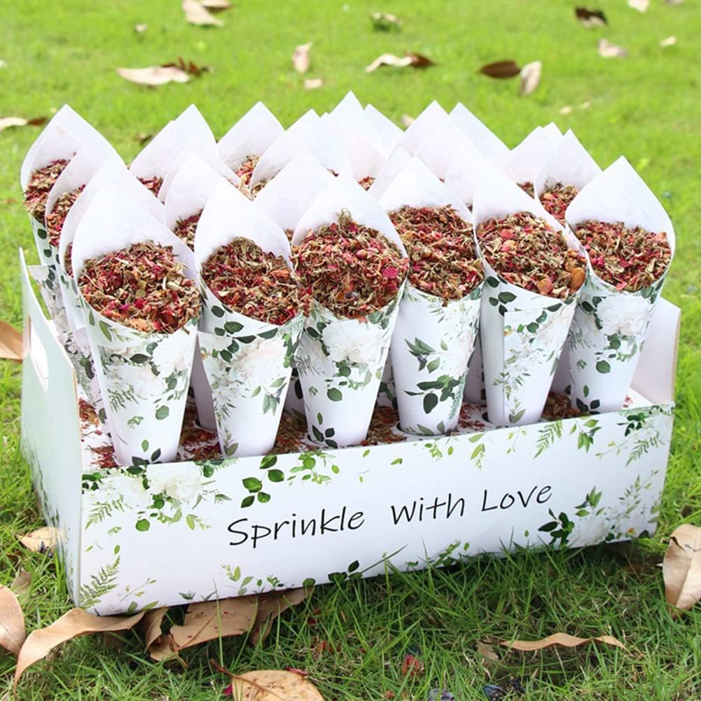 30 Pieces biodegradable confetti Cones and Stand Tray Paper Cone Box 30 Holes Suitable Placing Dried Flower Petals Confetti for Wedding, Engagement, Party, Birthday (Green)