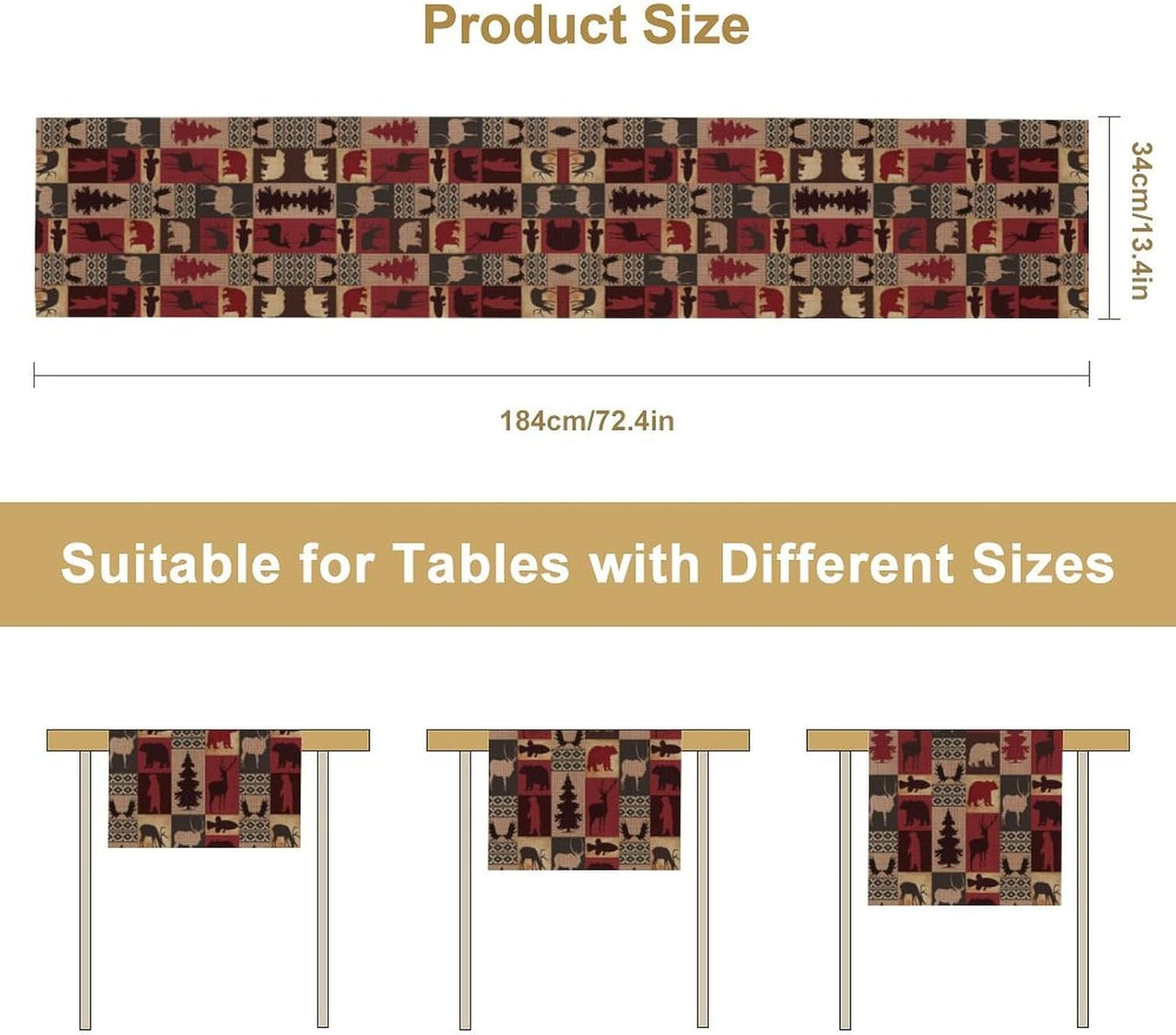 Retro Rustic Bear Table Runner, Wild Bear Cabin Pine Farmhouse Table Runner for Bedroom Kitchen Living Room Vintage Country Style Lodge 13x108 Inch