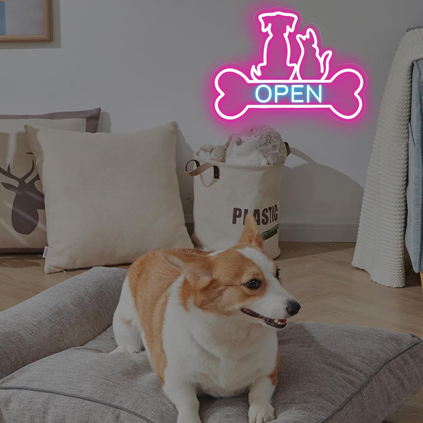 Pet Shop Open Neon Sign LED Dog And Cat Open Sign Bright Pet Grooming Salon Light Animal Shelter Storefront Decor Vet Clinic Window Sign, Pink+Ice Blue, 16.5"x12.4"