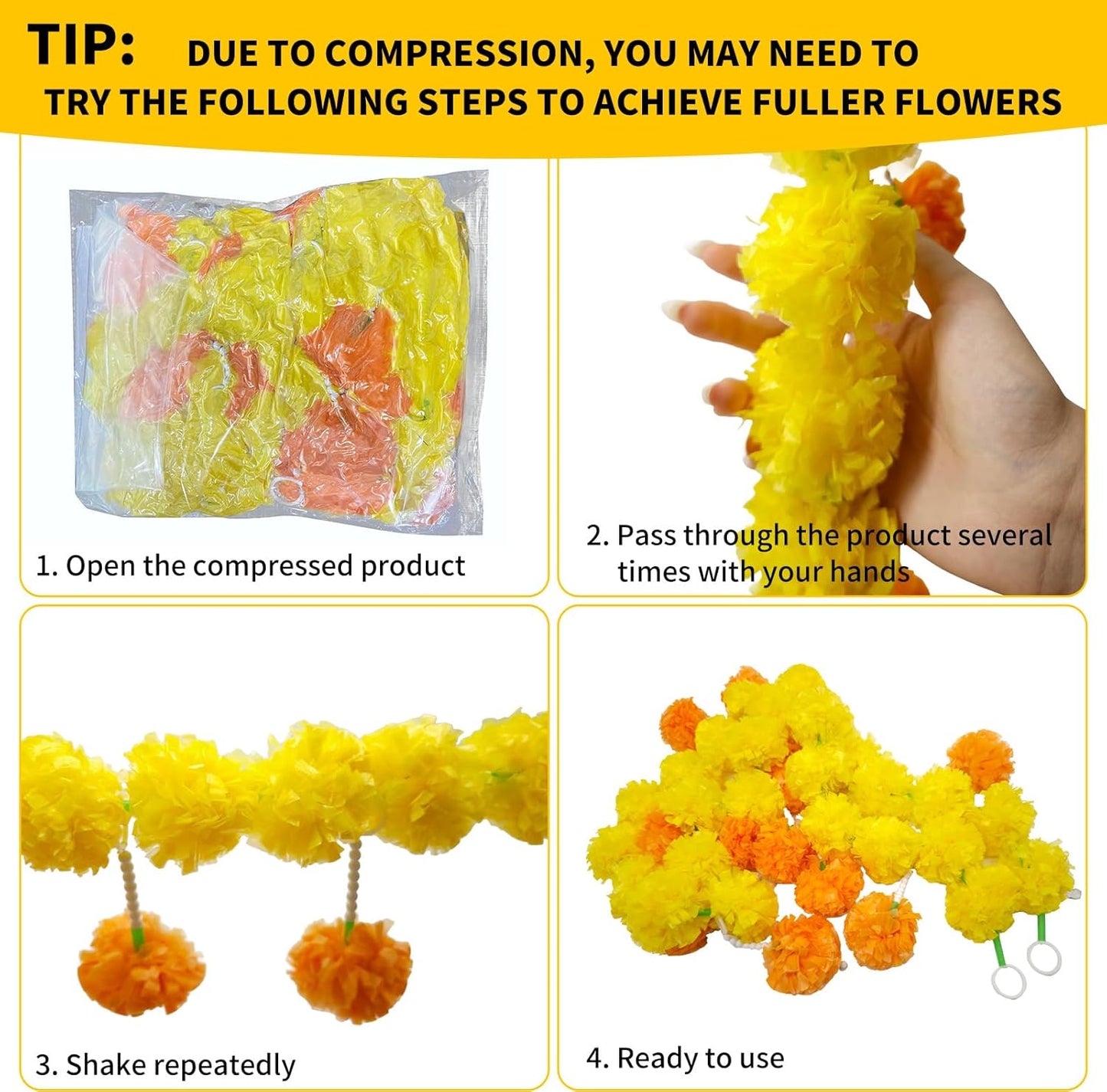 5 Pcs Marigold Garland Diwali Decor Artificial Flowers, 4.5 Feet Artificial Marigold Flowers for Indian Pooja Diwali Home Mantle Decor Wedding Decoration for All Year Decoration (Yellow＆Orange)