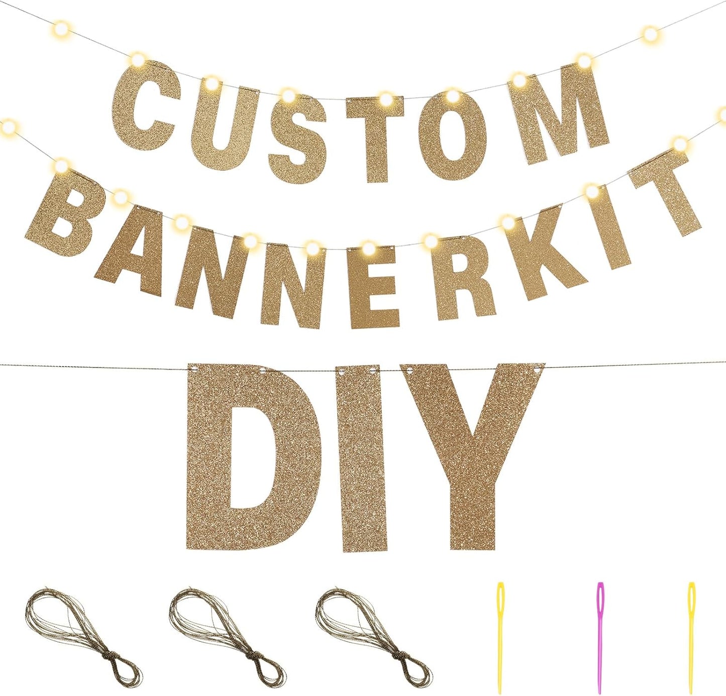 TaoBary 112 Pcs DIY Letter Custom Banner Glitter Customizable Banner Kit Including 107 Letters and Numbers 3 Rope for Valentine Birthday Party(Champagne Gold)