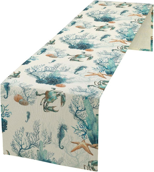 Nautical Coast Table Flag, Ocean Beach Seahorse Shell, Vintage Sailboat Lighthouse Anchor Table Decoration for Indoor and Outdoor Home Party Decor 13x90 Inch