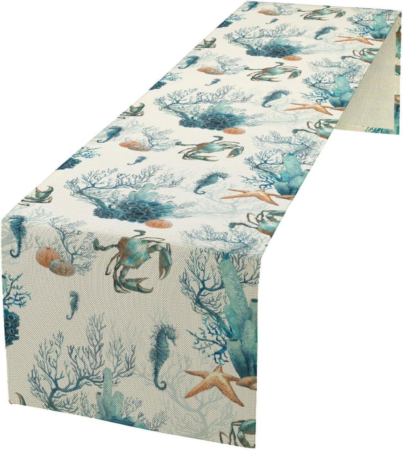 Nautical Coast Table Flag, Ocean Beach Seahorse Shell, Vintage Sailboat Lighthouse Anchor Table Decoration for Indoor and Outdoor Home Party Decor 13x108 Inch