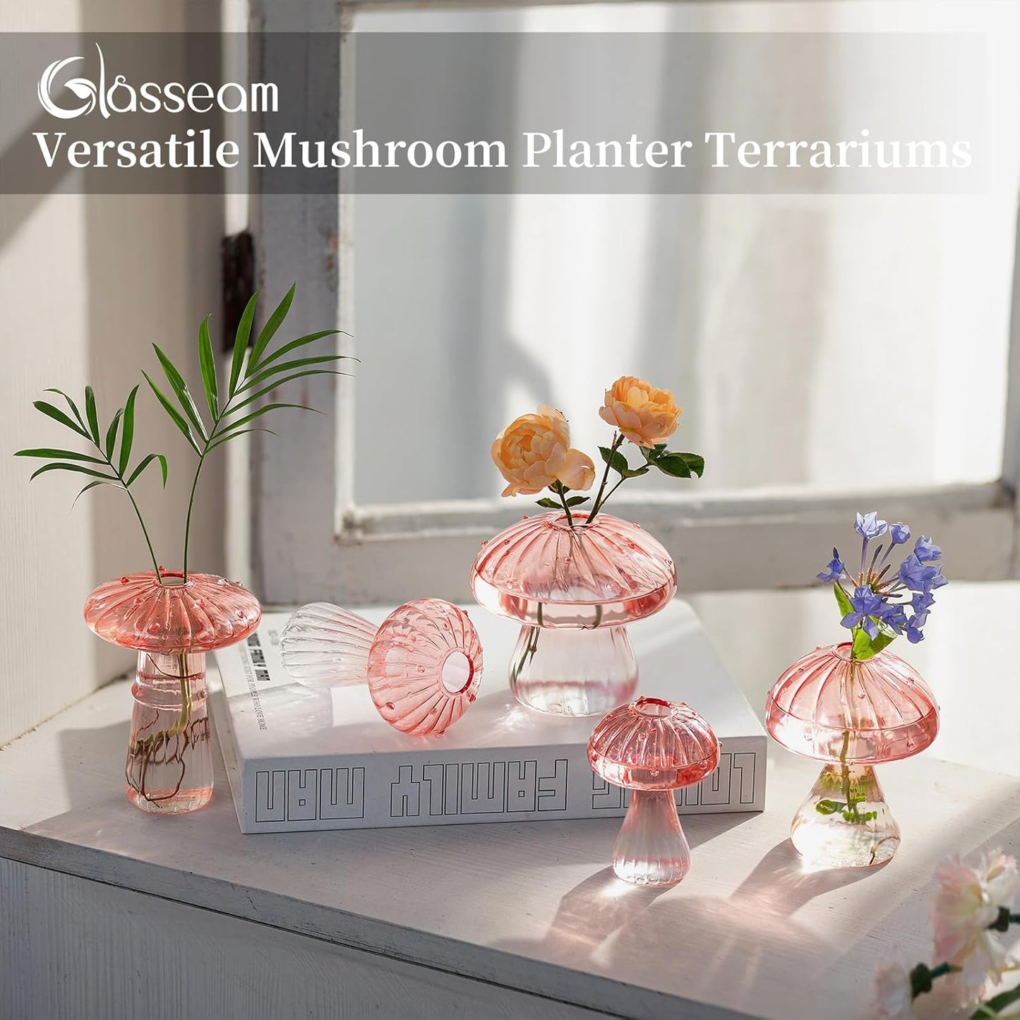Glasseam Mushroom Plant Propagation Stations: Pink Glass Terrarium Jar Set of 10 Cute Planters for Indoor Plants Mini Propagate Station Unique Christmas Birthday Gifts for Women Home Office Decor