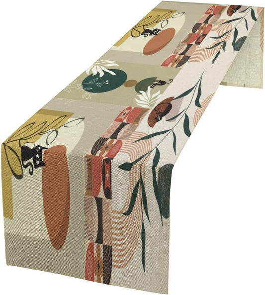 Mid Century Table Runner,Abstract Boho Plant Leaf Botanical Cat Modern Geometric Pattern Print Burlap for Hotel Indoors Outdoor Dining Room Kitchen Home Decor, 13x36in