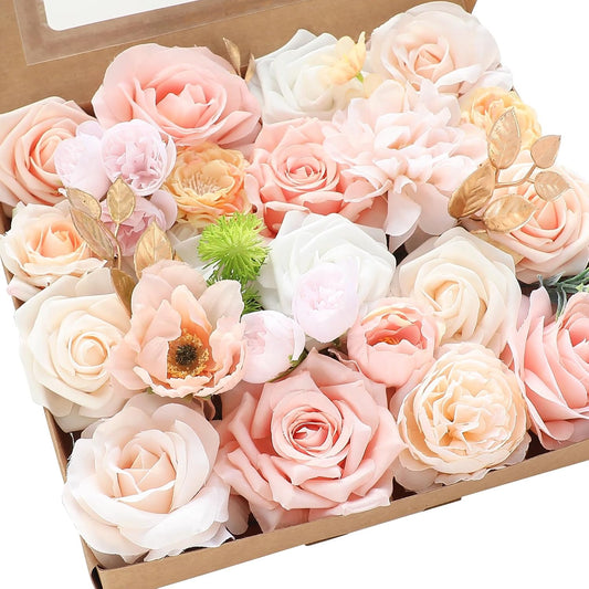 Floroom Blush Peach Pink Artificial Flowers Cream Fake Roses Peonies and Greenery Combo Box Set for DIY Wedding Bouquets Bridal Shower Centerpieces Floral Arrangements Party Tables Home Decorations