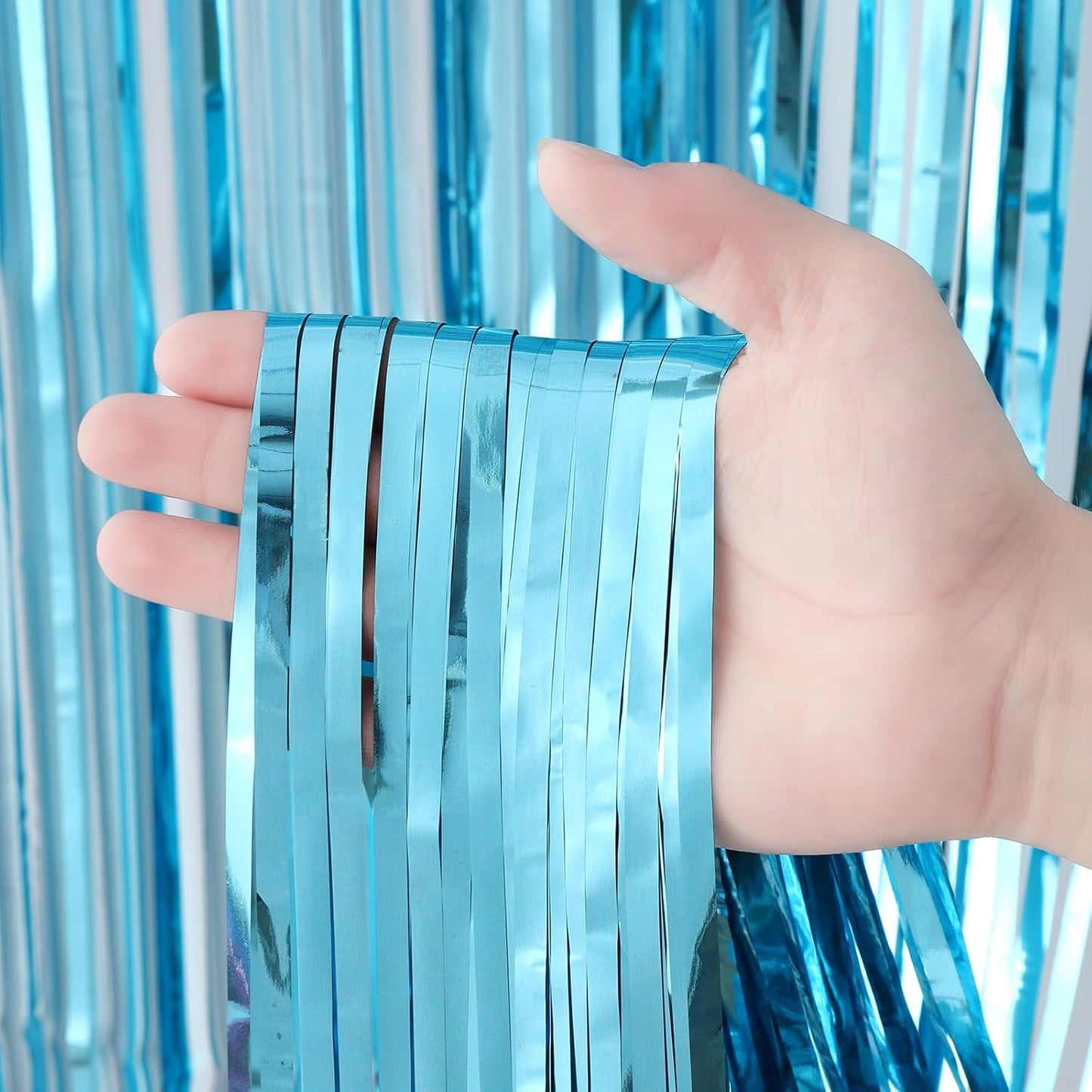 4 Pack 3.3x8.2 Feet Light Blue Foil Fringe Backdrop Curtains, Tinsel Streamers Birthday Party Decorations, Fringe Backdrop for Graduation, Baby Shower, Gender Reveal, Disco Party